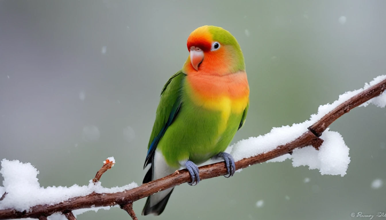 Beautiful lovebird sitting on a tree branch in the snow glacier:: beautiful wallpaper:: free