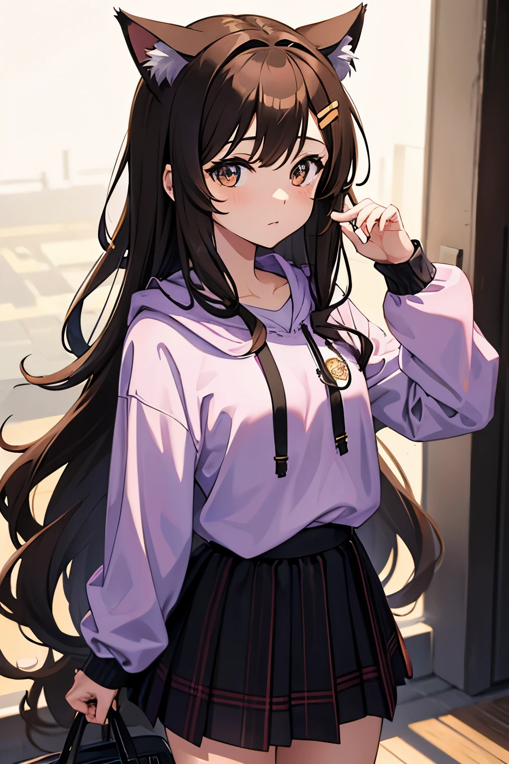 anime girl with long brown hair and a cat ears, anime girl with long wavy hair, beautiful anime girl, brown eyes, black hoodie and plaid black and purple skirt, sfw