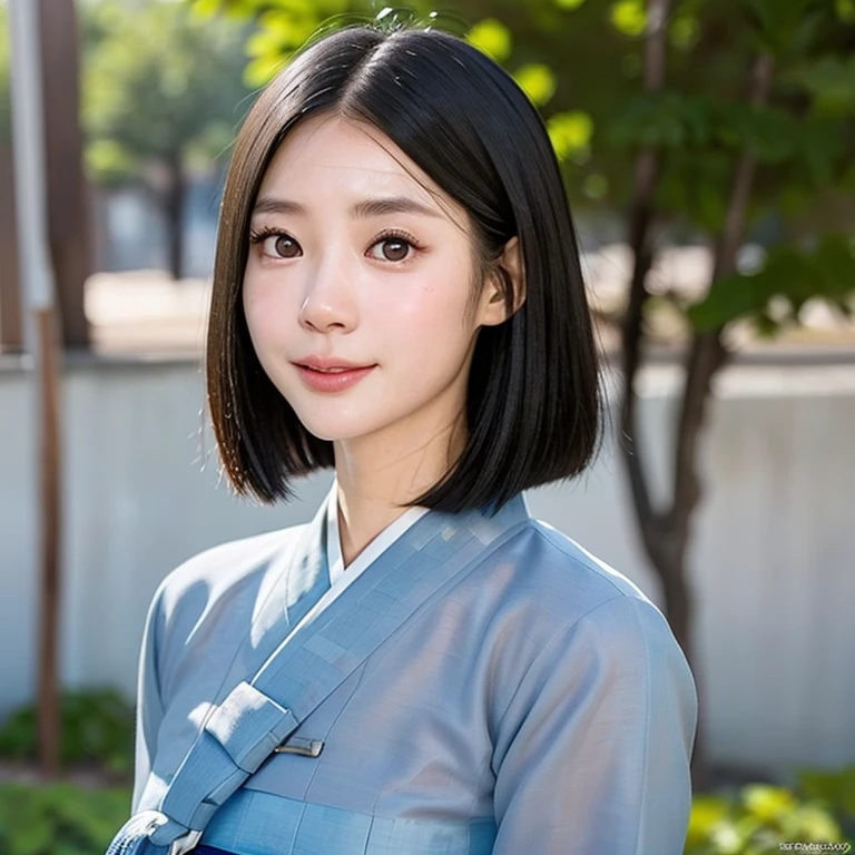 (kawaii 24 year-old Japanese girl, Nogizaka idol, Korean idol), (glossy black hair, medium bob cut:1.3), (extra rounded face, forehead, single eyelid, no makeup, soft smiling:1.2), (well shaped whitened teeth:0.7), (wearing light blue Hanbok, Korean traditional cloth:1.3), well shaped extra small breasts, (looking at viewer:1.2), BREAK, (simple outdoor background:1.3), (portrait, id photo, close shot, view from straight forward:1.3), BREAK, (masterpiece, best quality, photo realistic, official art:1.4), (UHD, 8K quality wallpaper, high resolution, raw photo, film grain:1.2), (shiny skin), professional lighting, physically based rendering, award winning, (perfect anatomy, highly detailed skin, extremely detailed face and eyes, well drawn glittering pupils), Carl Zeiss 85 mm F/1.4, depth of field, 1girl, solo,