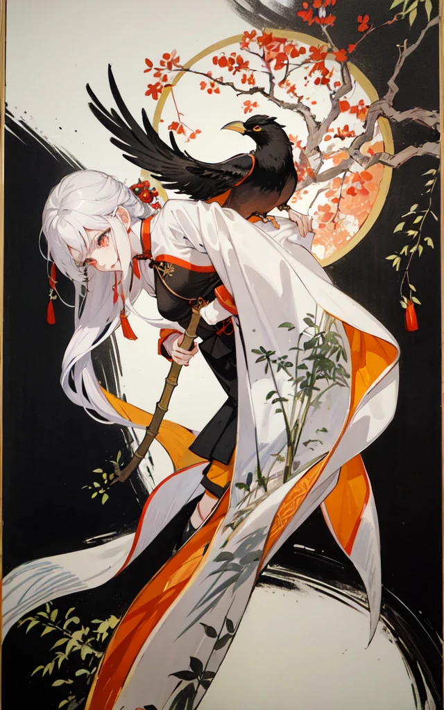 shukezouma, shuimobysim, ((starling)), willow branches, (masterpiece, best quality: 1.2), ((Traditional Chinese ink painting)), model style, bamboo branches, bamboo, wuchangshuo, red, orange, black, fire, starling, bird
