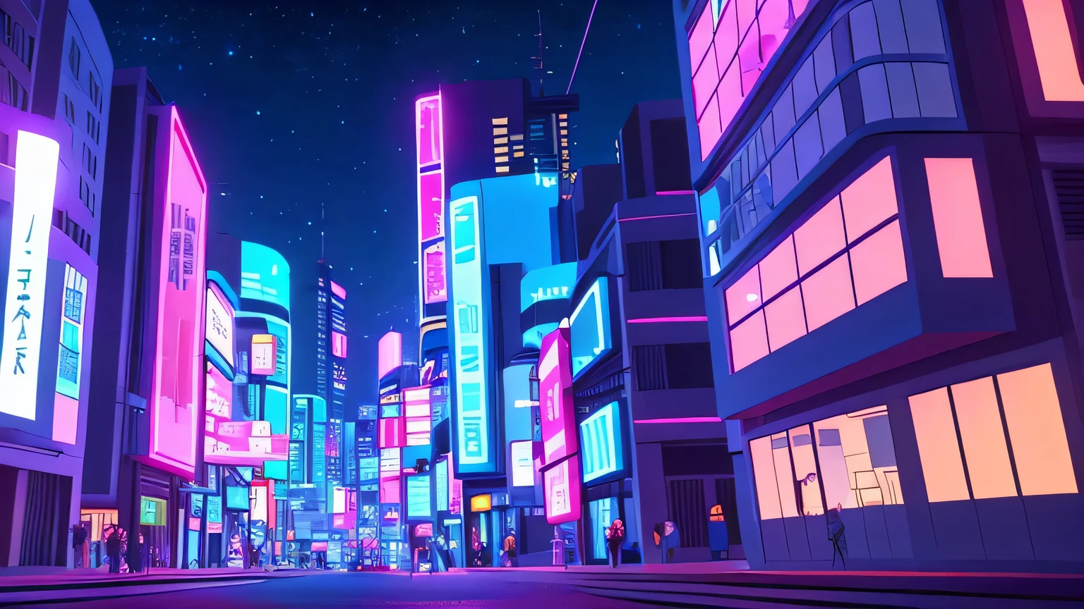 , anime illustration, building, futuristic, cyberpunk, city light pink and blue neon, night nobody