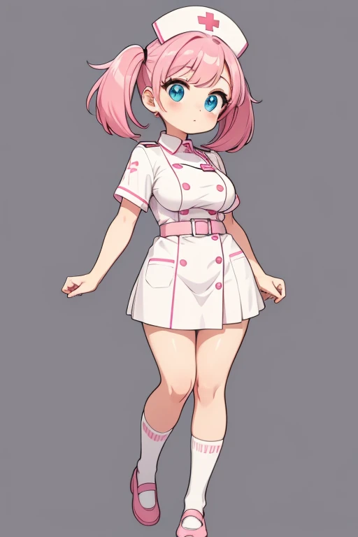 1 woman,nurse uniform, white and pink wear, pink hair, blue eye, short hair, twintail, big breasts, chibi, full body, staning, lower arms, front view, looking at viewer, thick outline, gray background, simple background