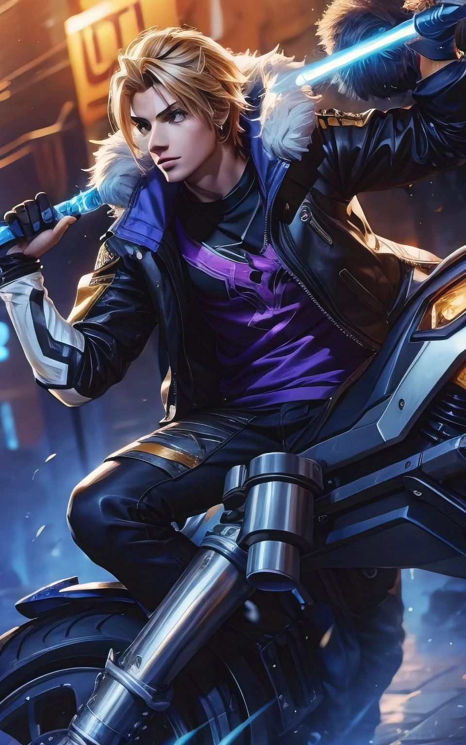 a close up of a person sitting on a motorcycle with a pole, tane skin, style league of legends, ezreal (league of legends, wild rift, splash art, riot background, official splash art, league of legends character, holding a lightsabre. splash art, style of league of legends, arcane jayce, kda, iconic character splash art