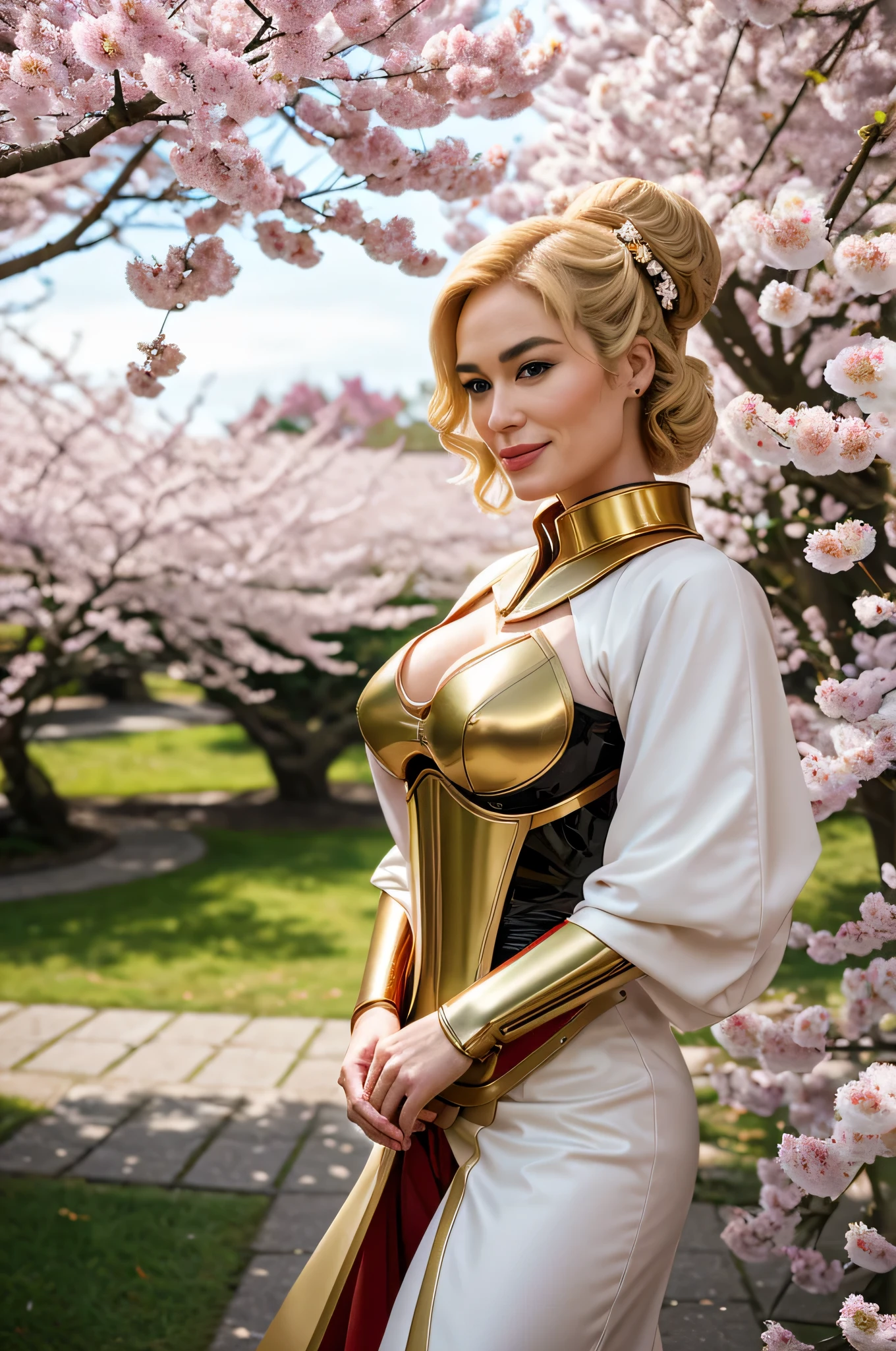 award-winning professional and realistic photo of beautiful 30 year old Cersei Lannister as futuristic (Geisha) wearing (latex) Geisha outfit, latex gloves, sunny outdoors, cherry blossom trees, latex fetish, fetishpunk, busty, evil smirk, Geisha dominatrix, authoritative aura, silky golden-blonde hair, beautiful hands, detailed textures, sharp focus, ultra-high pixel detail, 16k RAW footage, masterpiece