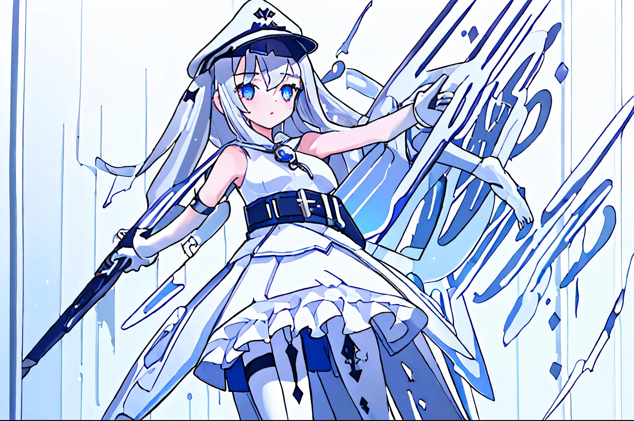 ((best quality)), ((masterpiece)), ((1girl)), ((long
Silver inner hair)), ((stockings belt)), bare shoulders, ((cap)), white hoodie, high waist skirt, ((gloves)), flutter hair, cam engle from under the body, leadership,