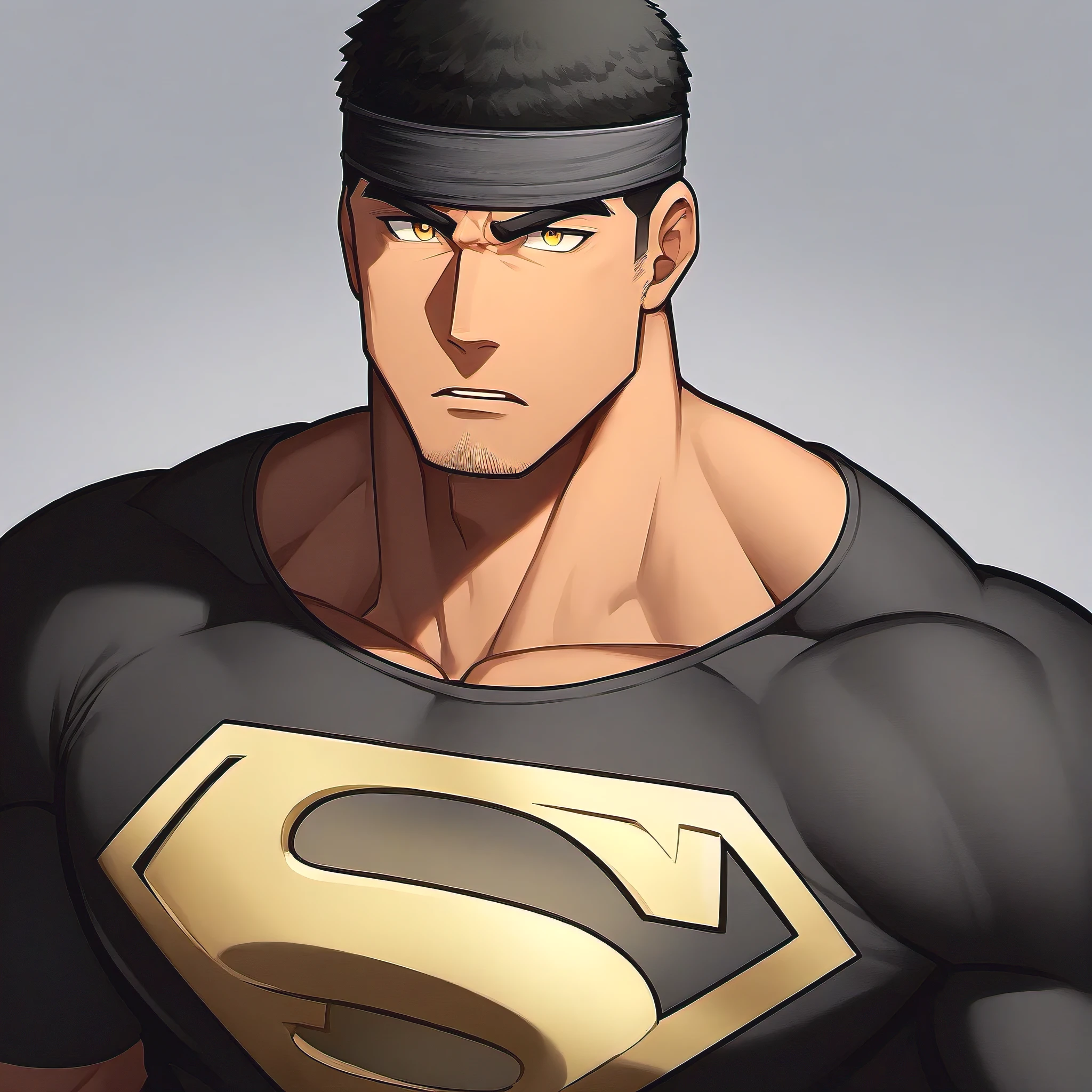anime characters:Handsome uncle, 30 year old muscular uncle, male focus, Sporty black headband, turtleneck superman tight t-shirt, superman logo, muscular male, muscular, bara, Upper body, Buzz Cut, alone, Black short hair, stubble, yellow eyes, White background, Simple background, amazing quality, best aesthetics, ridiculous, bright pupils, short hair, open lips, v-shaped eyebrows, jitome, best quality