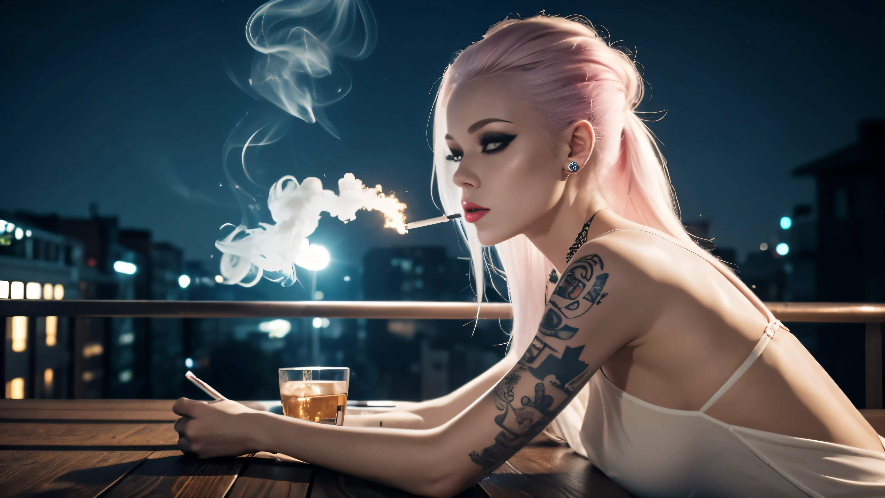 Tips for the first topic are as follows： quality, 8K, 32K, On a table:1.3), ultra - detailed, (realistically:1.4), white colors, albinism, punk girl, detailed eyes, upper part of body, Luxurious Punk Hairstyle, Avant-garde punk fashion, Avant-garde makeup, numerous piercings, Have lots of tattoos, streets background, backlight effect, shallowdepthoffield, vague background ,night ,smoke a cigarette , balcony"