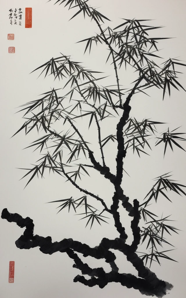 shukezouma, shuimobysim, ((starling)), willow branches, (masterpiece, best quality: 1.2), ((Traditional Chinese ink painting)), model style, bamboo branches, bamboo, wuchangshuo, red, orange, black, fire, starling, bird
