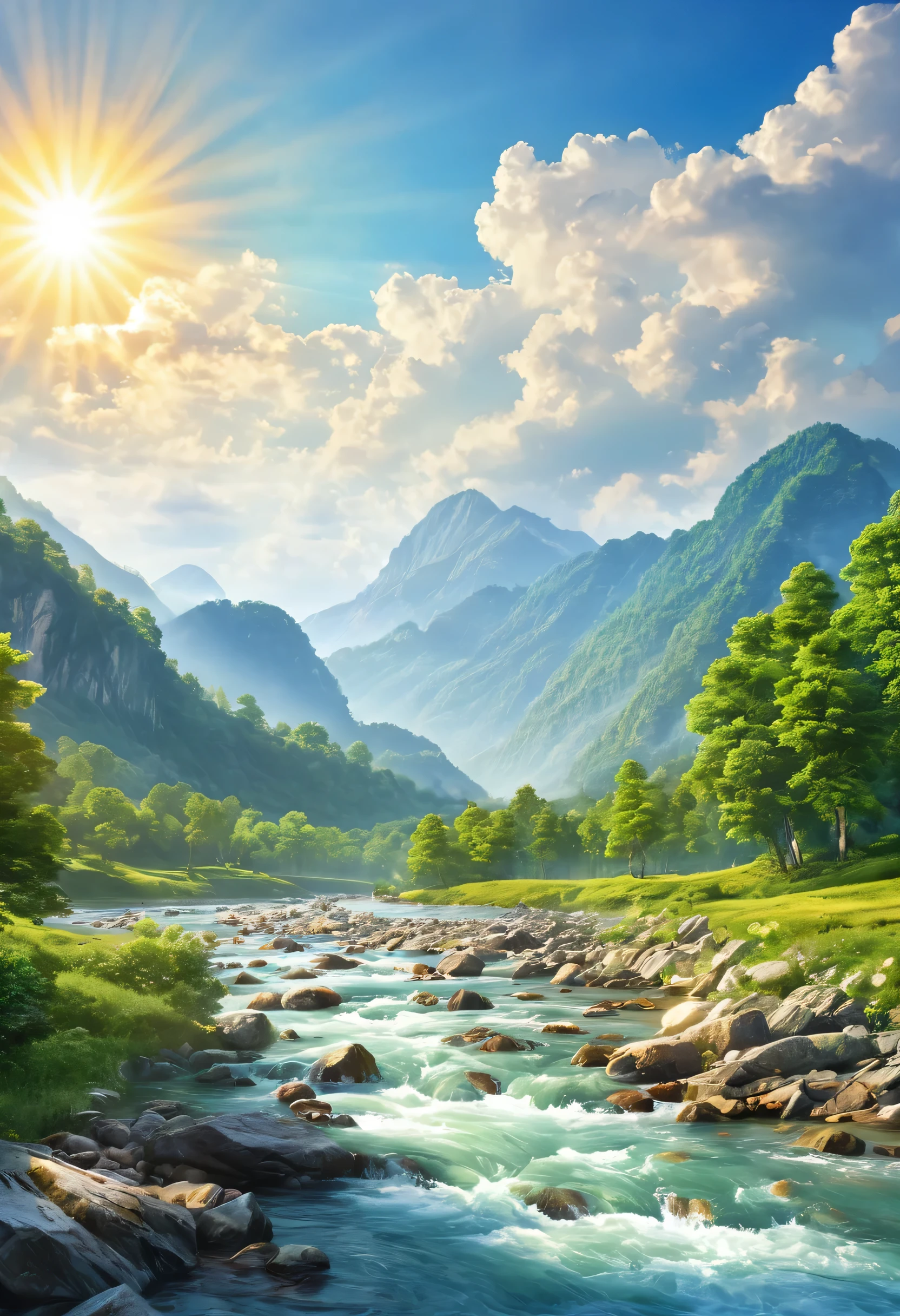 Detailed background, masterpiece, top quality, landscape, Mountain, river, forest, sun, sky, cloud