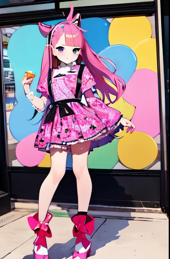 (tmasterpiece,best qualtiy,solo,long whitr hair,looking at you,By banginimalistic background,araffe girl in a pink dress and pink boots standing in a store, kawaii decora rainbowcore, harajuku fashion, harajuku, creepy kawaii, japanese kawaii style, harajuku street fashion, kawaii style, dollpunk, japanese street fashion, very very kawaii, baroque visual kei decora art, decora inspired, anime barbie doll creating a charming and enchanting atmosphere. The overall color tone is pastel and bright, creating a cheerful and joyful mood. The prompt also emphasizes the realistic and photorealistic aspect, ensuring that the generated image captures the intricate details of the dragon sister and the surrounding environment accurately.