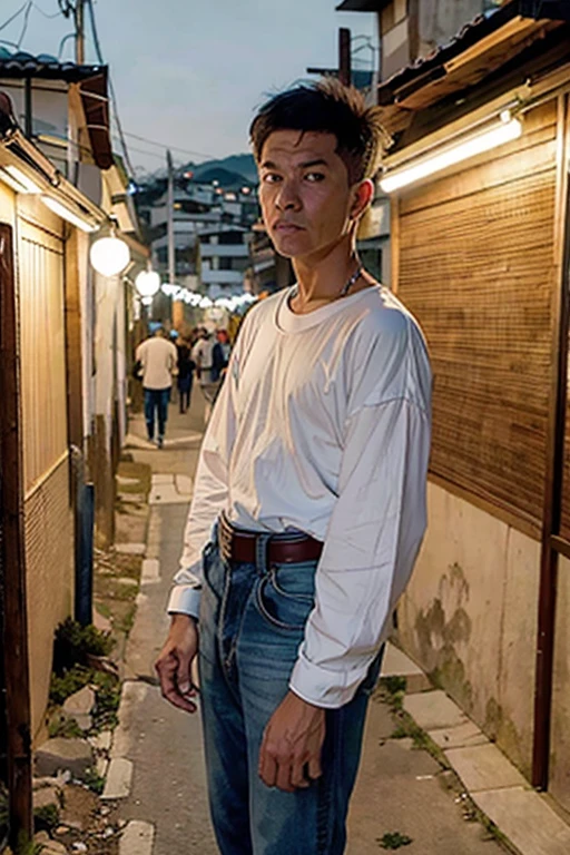 Melhor qualidade, obra de arte, foto, 4K, fotorealistic, altamente detalhado,
1 jovem de costas vestindo roupa punk, olhando pra Cidade ao longe no fundo, Sozinho, cidade favelas, a noite, light bulbs on, by Akira Toriyama.