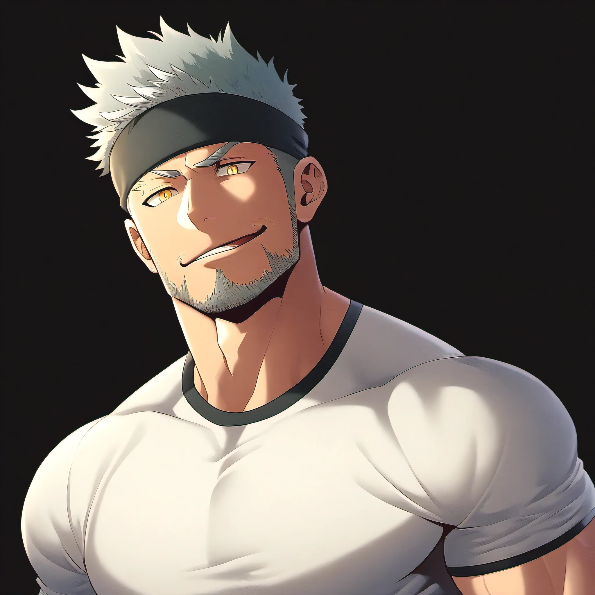 anime characters：priapus, ung muscular man, male focus, Sporty black headband, Off-white high collar tight T-shirt, old leather texture, Fleece fabric, muscular male, muscular, bara, Upper body, alone, white short hair, stubble, yellow eyes, blink, black background, Simple background, amazing quality, best aesthetics, ridiculous, bright pupils, short hair, naughty face, torogao, open lips, best quality