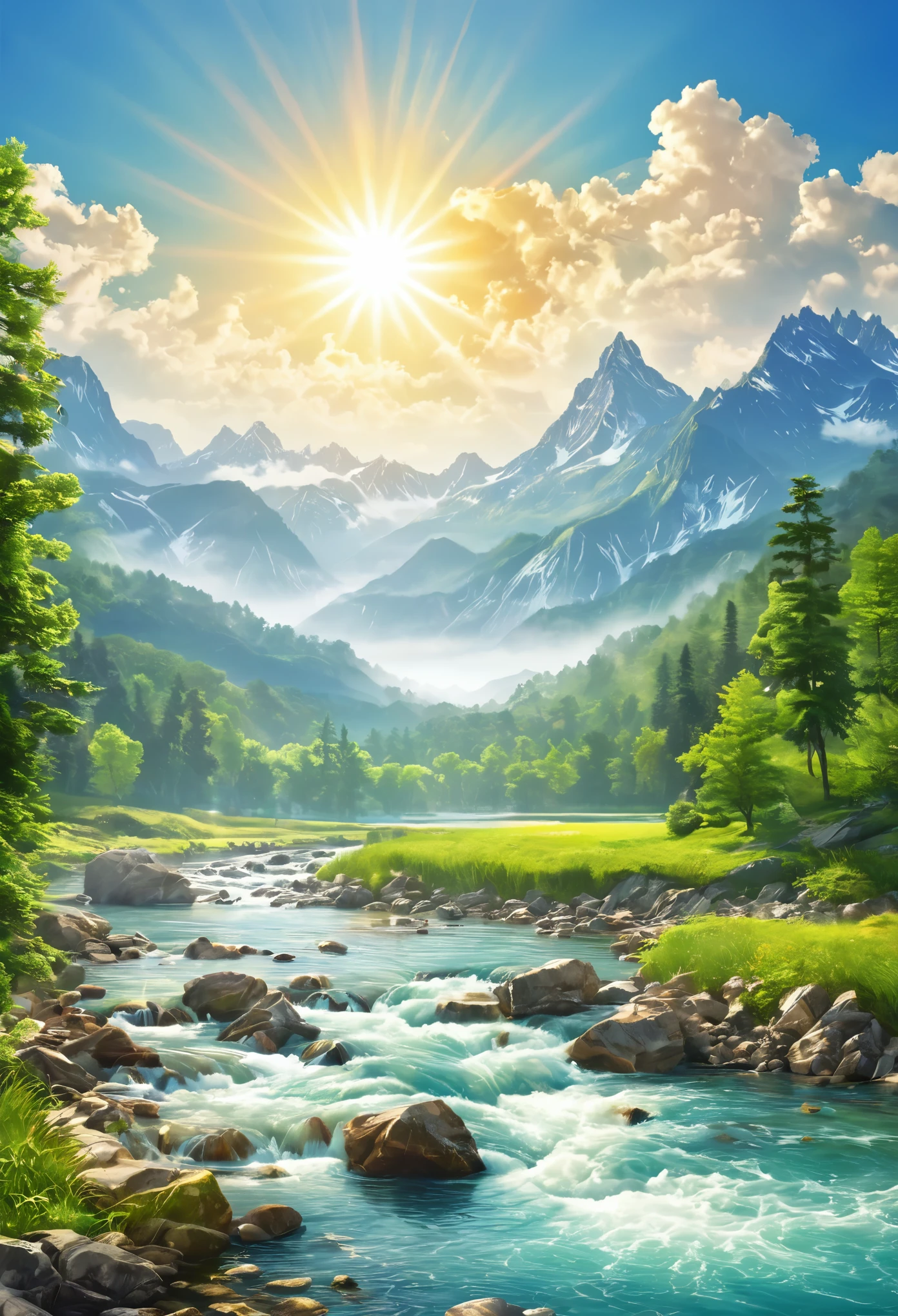 Detailed background, masterpiece, top quality, landscape, Mountain, river, forest, sun, sky, cloud