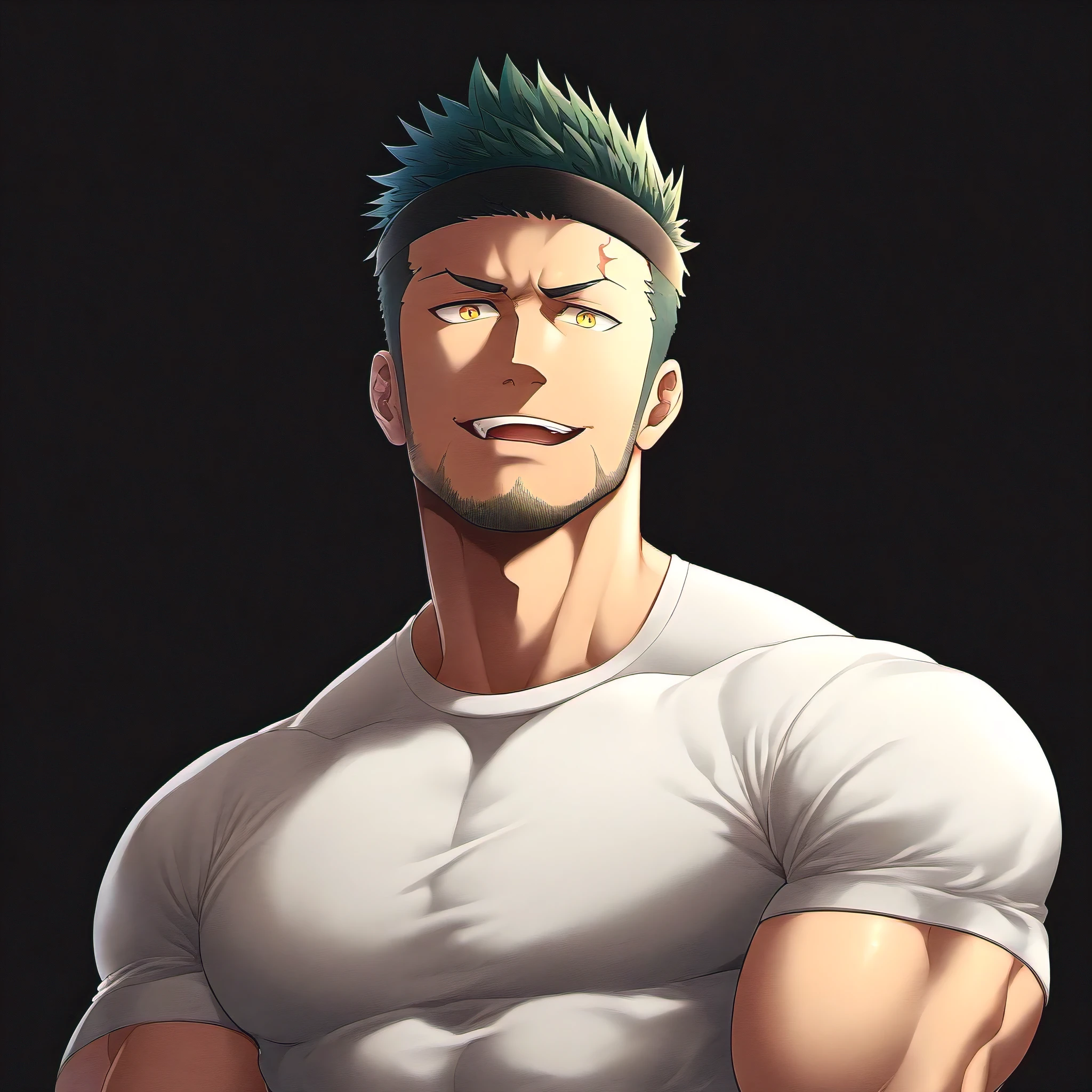 anime characters:priapus, 1 young muscular man, male focus, Sporty black headband, Off-white high collar tight T-shirt, old leather texture, Fleece fabric, muscular male, muscular, bara, Upper body, alone, white short hair, stubble, yellow eyes, blink, black background, Simple background, amazing quality, best aesthetics, ridiculous, bright pupils, short hair, naughty face, torogao, open lips, best quality