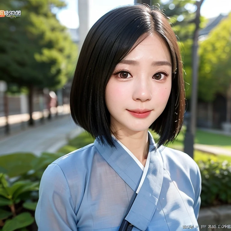 (kawaii 24 year-old Japanese girl, Nogizaka idol, Korean idol), (glossy black hair, medium bob cut:1.3), (extra rounded face, forehead, single eyelid, no makeup, soft smiling:1.2), (well shaped whitened teeth:0.7), (wearing light blue Hanbok, Korean traditional cloth:1.3), well shaped extra small breasts, (looking at viewer:1.2), BREAK, (simple outdoor background:1.3), (portrait, id photo, close shot, view from straight forward:1.3), BREAK, (masterpiece, best quality, photo realistic, official art:1.4), (UHD, 8K quality wallpaper, high resolution, raw photo, film grain:1.2), (shiny skin), professional lighting, physically based rendering, award winning, (perfect anatomy, highly detailed skin, extremely detailed face and eyes, well drawn glittering pupils), Carl Zeiss 85 mm F/1.4, depth of field, 1girl, solo,