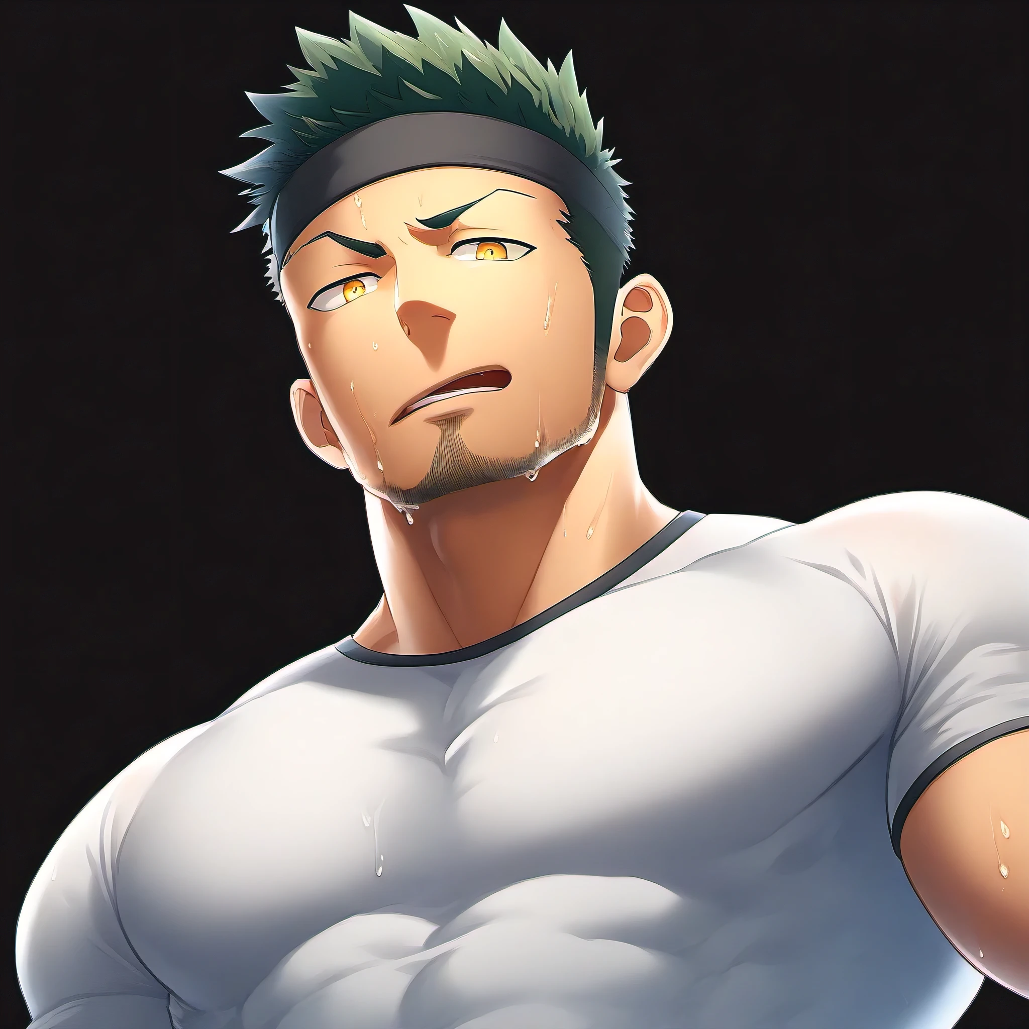 anime characters:priapus, ung muscular man, male focus, Sporty black headband, Off-white high collar tight T-shirt, Slightly transparent, Sweat soaked tights, muscular male, muscular, bara, Upper body, alone, white short hair, stubble, yellow eyes, blink, black background, Simple background, amazing quality, best aesthetics, ridiculous, bright pupils, short hair, naughty face, torogao, open lips, from below, best quality