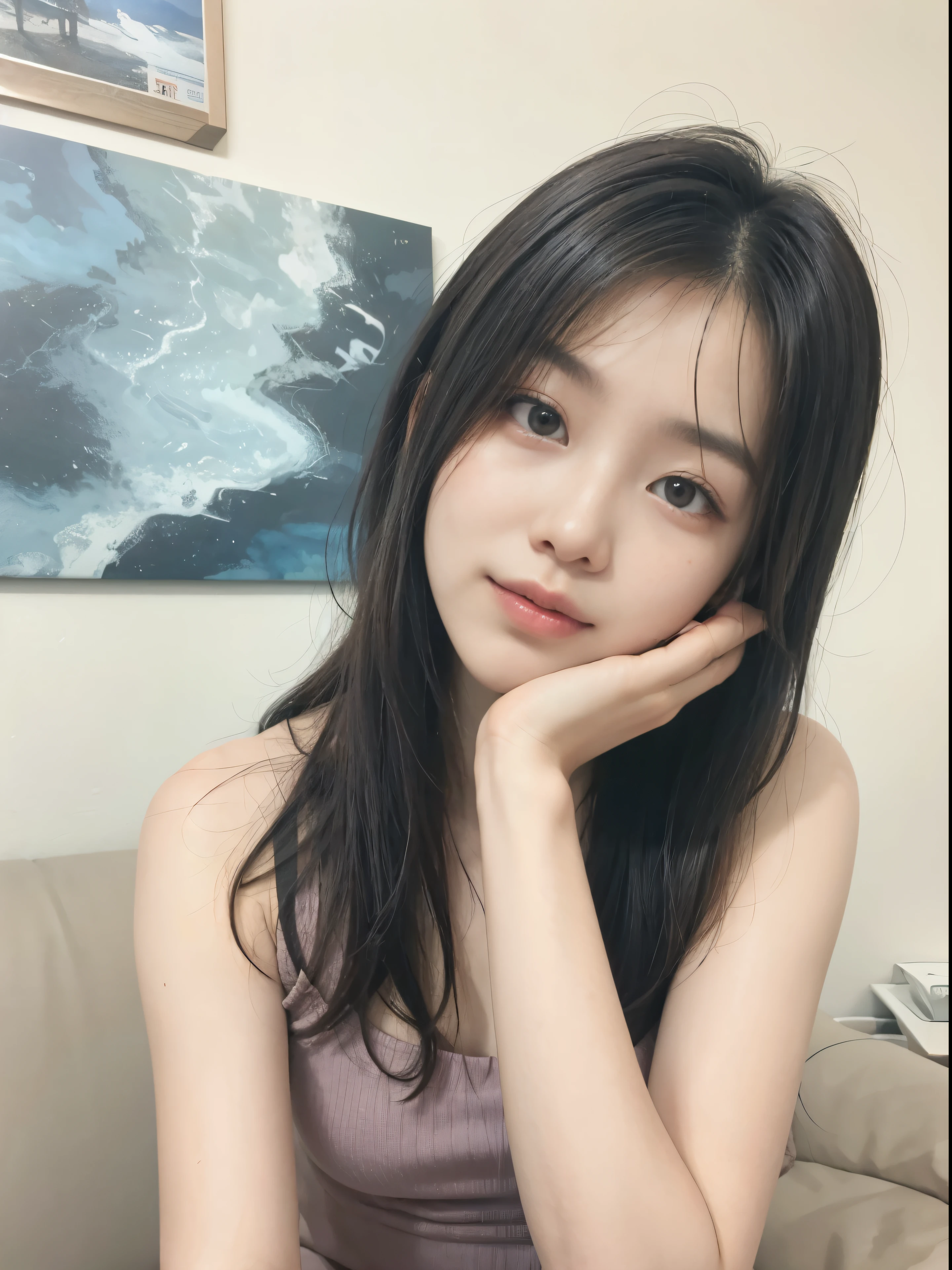 Arafed asian woman sitting on a sofa with chin resting on hand, ulzzang, muchacha coreana, jinyoung shin, pale korean adorable face, chen xintong, Jaeyeon Nam, hermosa mujer surcoreana, Young cute pale asian face, sha xi, Xision Wu, chica linda-cara-fina, joven y adorable rostro coreano, heonhwa choe