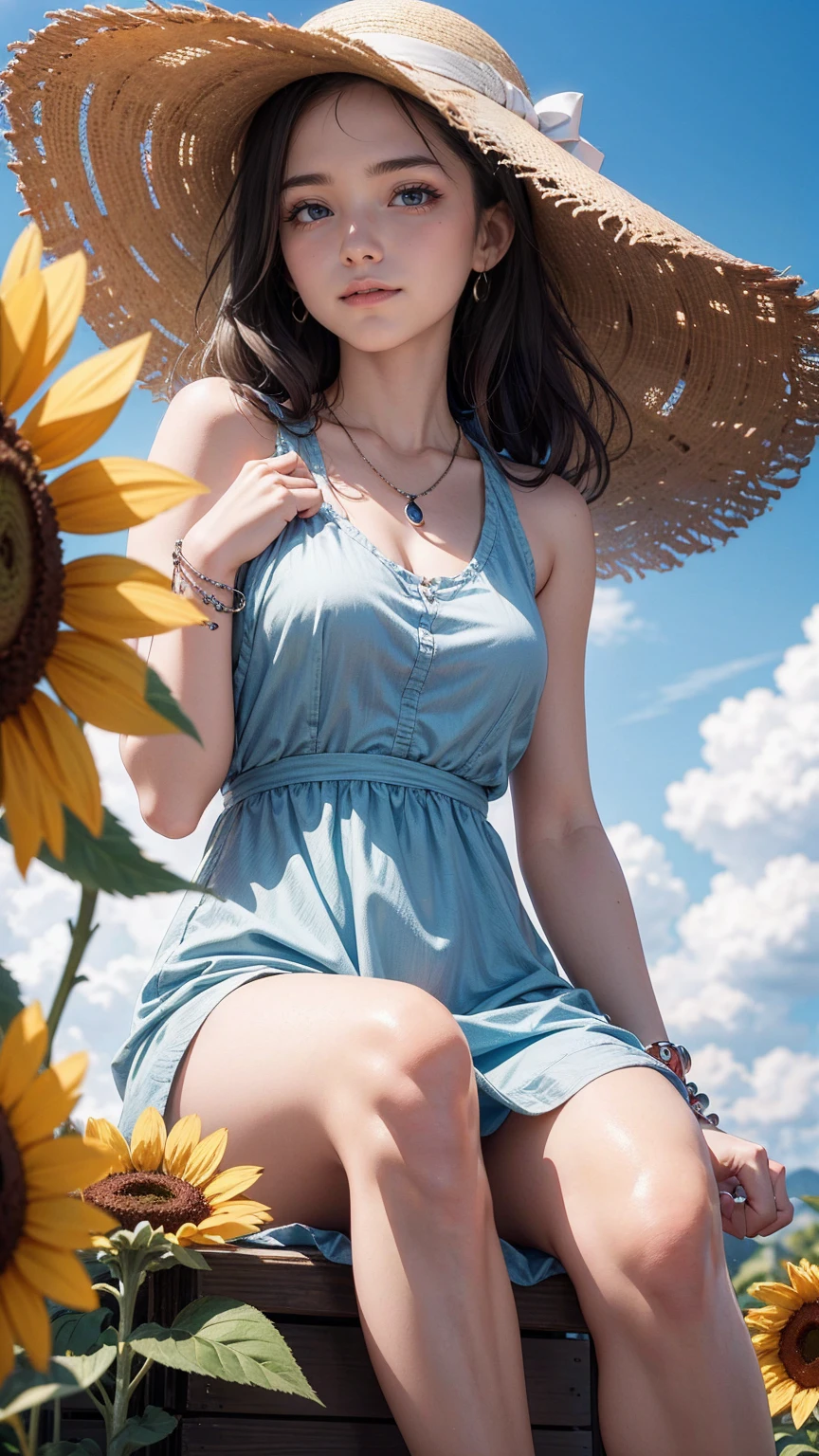 ((最high quality, 8K, masterpiece: 1.3, Ultra HD, high quality, 最high quality, High resolution, realism)) 、25 year old white woman、platinum blonde、blue eyes、long hair、smile、slender、slenderだがアスリートのような細マッチョな身体、I don't want my head to disappear from the screen.、手首にアクセサリーapply、Wearing red nail polish、I have a peticure、anklet((anklet))apply、wear a dress、put on a necklace、I'm in the middle of a vast field of sunflowers in full bloom.、Beautiful blue sky without a single cloud、smile、Wearing a large-brimmed straw hat、Hold the straw hat with your hand so it doesn't fly away.、The wind blows through