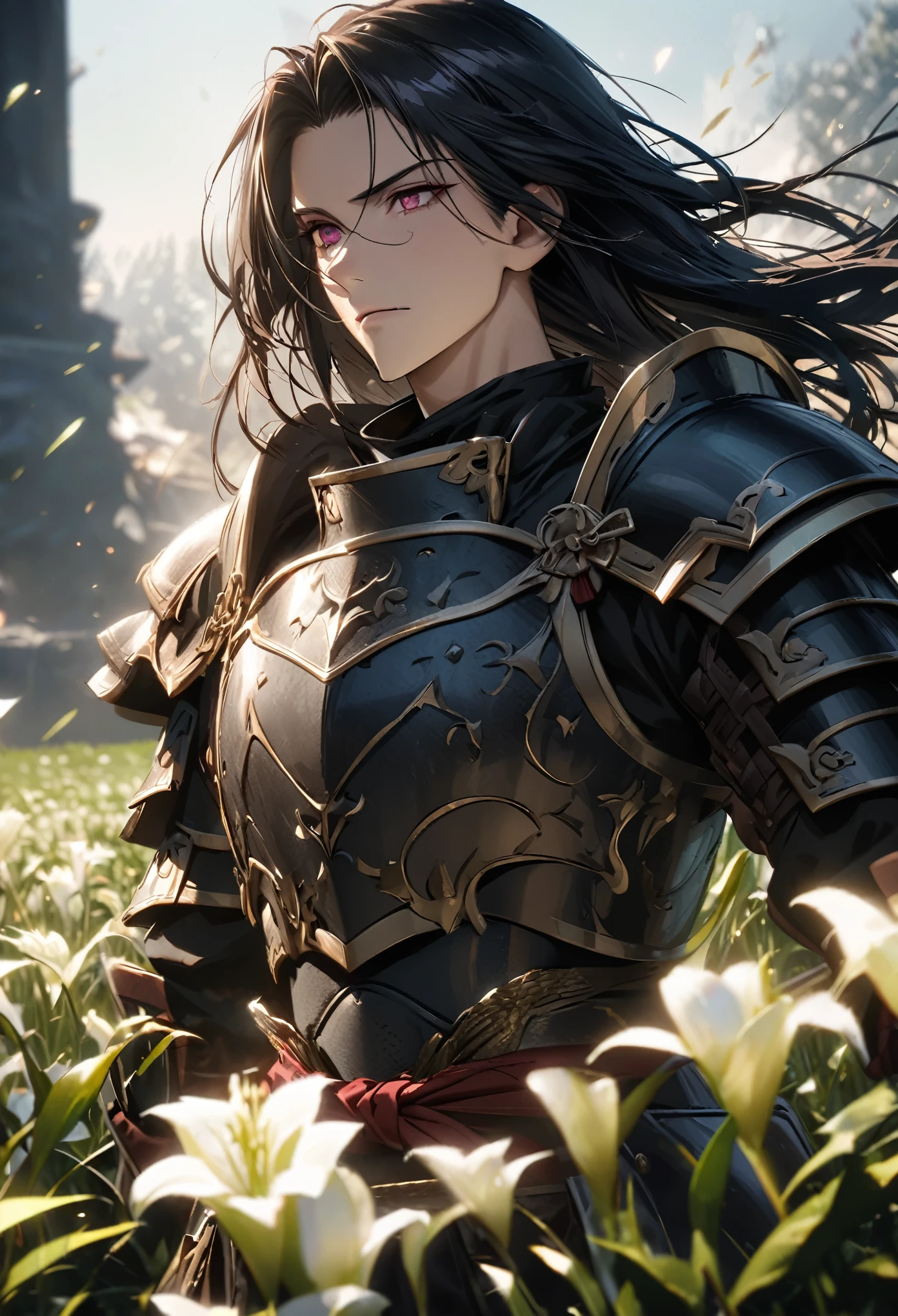((solo)), (man), tired face, garnet eyes, (black hair), long hair, straight hair, pony-tail, (mature), (adult), wielding a large katana, a close up of a person with a large katana in a desolate land surrounded by demons and monsters, in a wheat field, lilies, detailed key anime art, casimir art, masamune shiro, masamune, ((handsome)), handsome guy in demon slayer art, heise jinyao, shadowverse style, (no logos), flower field, (detailed samurai armor), eye reflection, shiny hair, depth of field, cinematic lighting, ray tracing, depth of field, cinematic lighting, ray tracing, UHD, high details, best quality, highres, high quality, award winning, super detail, masterpiece, 8k, UHD, high details, best quality, highres, high quality, award winning, super detail, masterpiece, 8k