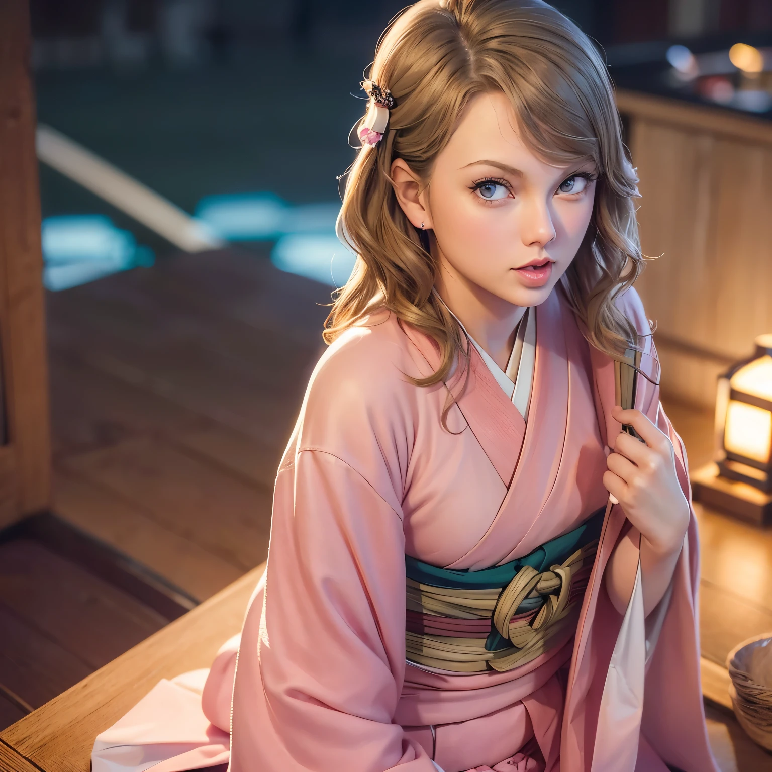 masterpiece, (photorealistic:1.4), best quality, beautiful lighting,(taylor swift),NezukoDS, japanese_clothes, kimono, solo, bamboo, bit_gag, gag, pink_kimono, gagged, looking_at_viewer, forehead, RAW photo, 8k uhd, film grain,