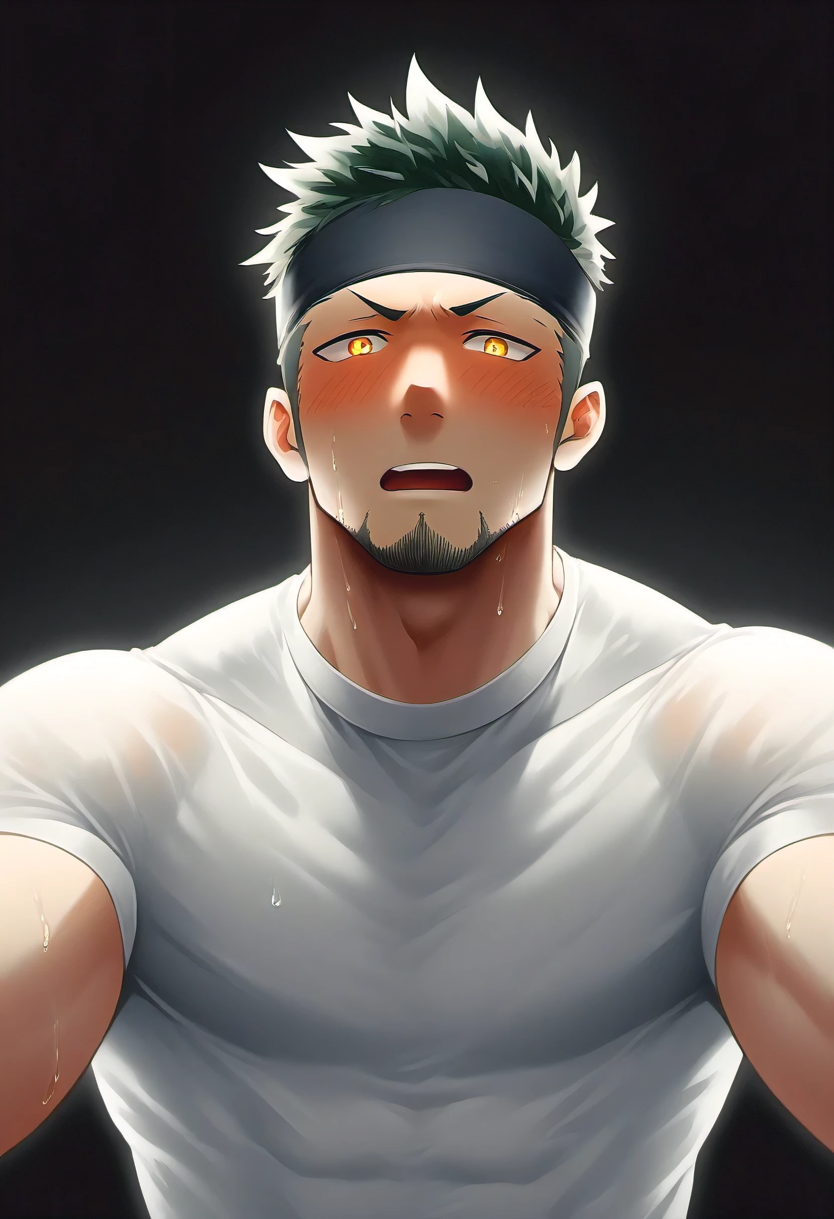 anime characters：priapus, 1 young muscular man, male focus, Sporty black headband, Off-white high collar tight T-shirt, Slightly transparent, Sweat soaked tights, muscular male, muscular, bara, Upper body, alone, white short hair, stubble, yellow eyes, Delicate and perfect eyes, blink, black background, Simple background, amazing quality, best aesthetics, ridiculous, bright pupils, short hair, open lips, blush, shy, full blush, endured face, saliva, from below, best quality