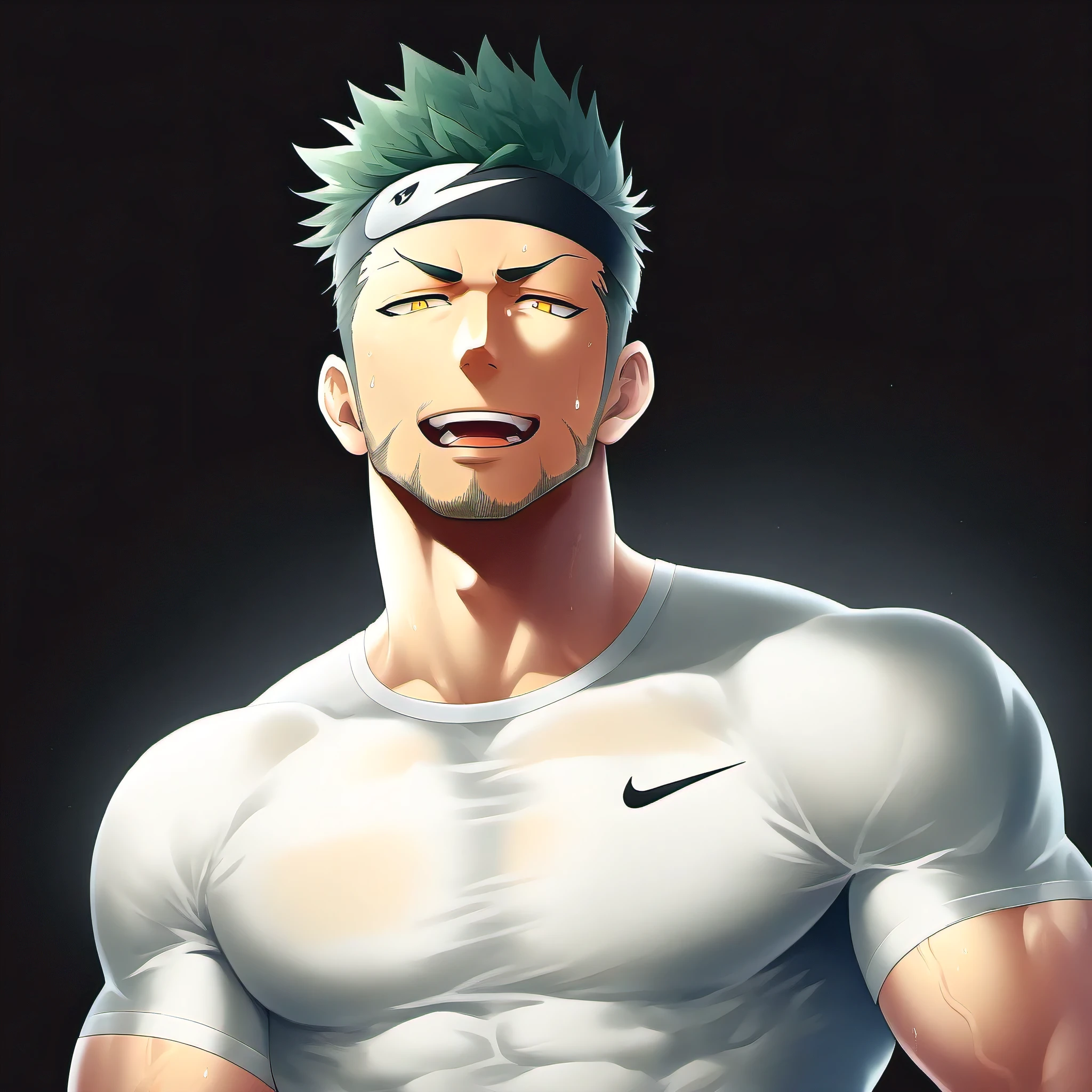 anime characters：priapus, 1 young muscular man, male focus, Sporty black headband, Off-white high collar tight T-shirt, One NIKE Logo, Slightly transparent, Sweat soaked tights, muscular male, muscular, bara, Upper body, alone, white short hair, stubble, yellow eyes, blink, black background, Simple background, amazing quality, best aesthetics, ridiculous, bright pupils, short hair, naughty face, torogao, open lips,  best quality