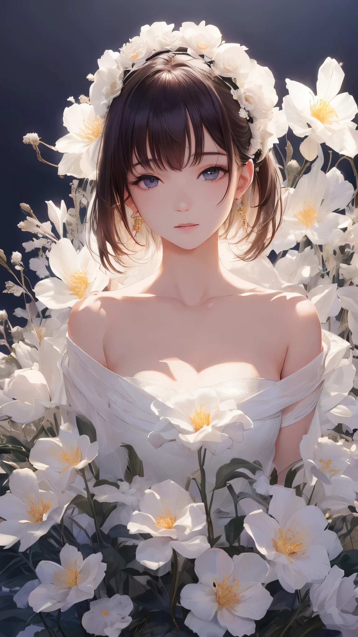 best quality, masterpiece, ultra high resolution, (lifelike:1.4), 1 girl, white dress, Off the shoulders, flower field, glowing skin, faint smile