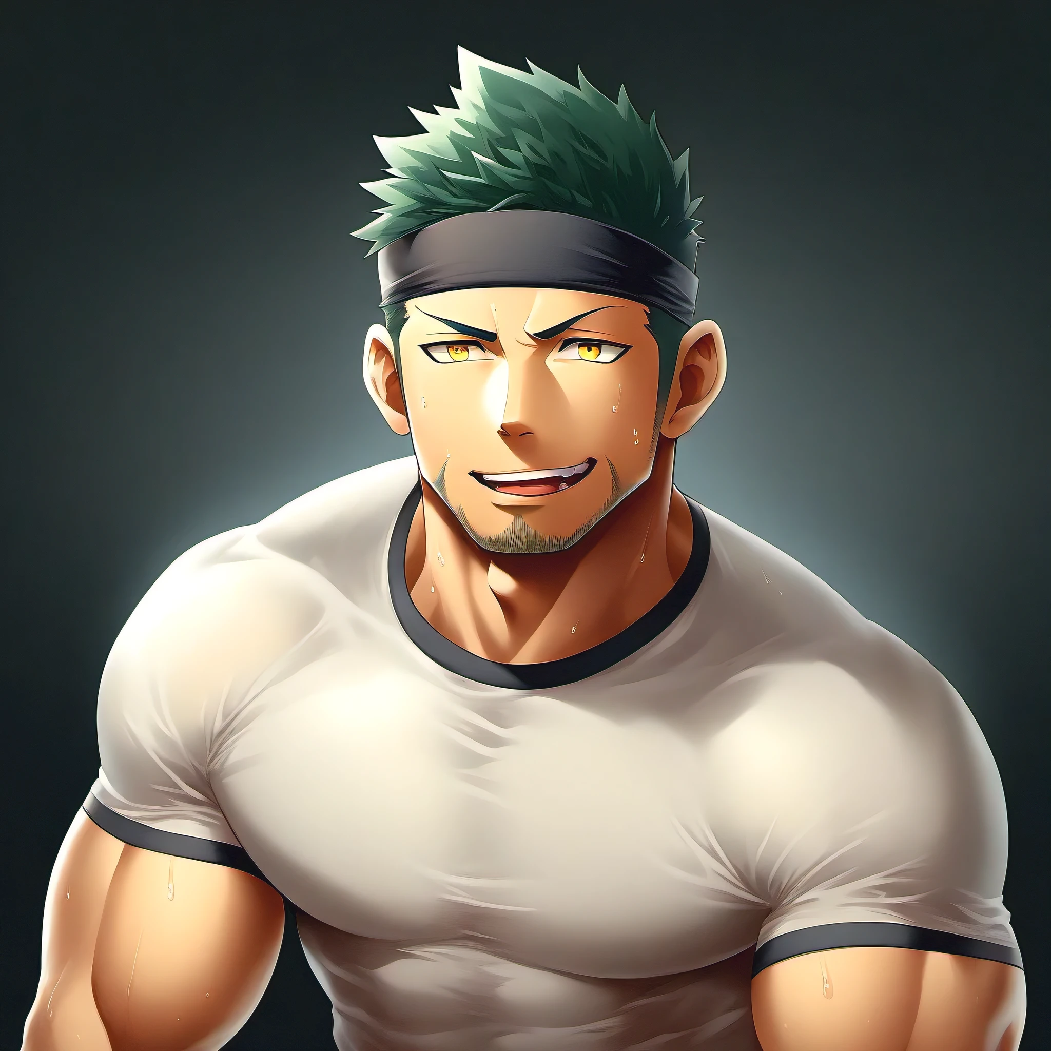 anime characters：priapus, ****ung muscular man, male focus, Sporty black headband, Off-white high collar tight T-shirt, Slightly transparent, Sweat soaked tights, muscular male, muscular, bara, Upper body, alone, white short hair, stubble, yellow eyes, blink, black background, Simple background, amazing quality, best aesthetics, ridiculous, bright pupils, short hair, naughty face, torogao, open lips,  best quality