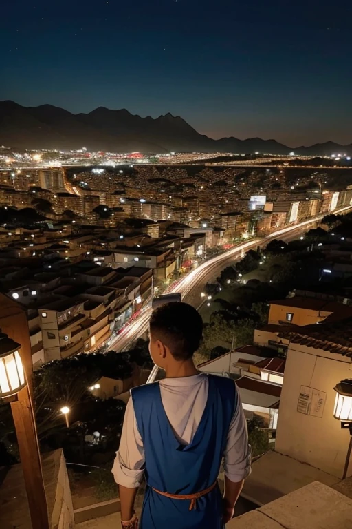 Melhor qualidade, obra de arte, foto, 4K, fotorealistic, altamente detalhado,
1 jovem rico de costas vestindo roupa social, Cidade ao fundo, Sozinho, cidade de favelas, a noite, light bulbs on, by Akira Toriyama.