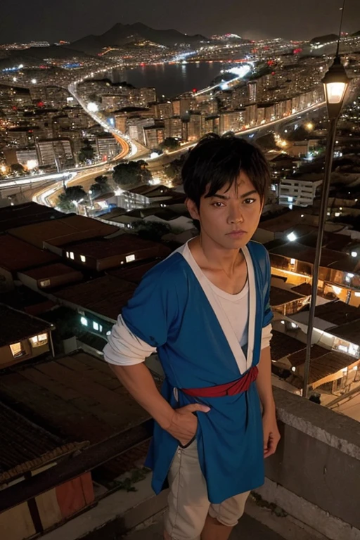 Melhor qualidade, obra de arte, foto, 4K, fotorealistic, altamente detalhado,
1 jovem rico de costas vestindo roupa social, Cidade ao fundo, Sozinho, cidade de favelas, a noite, light bulbs on, by Akira Toriyama.