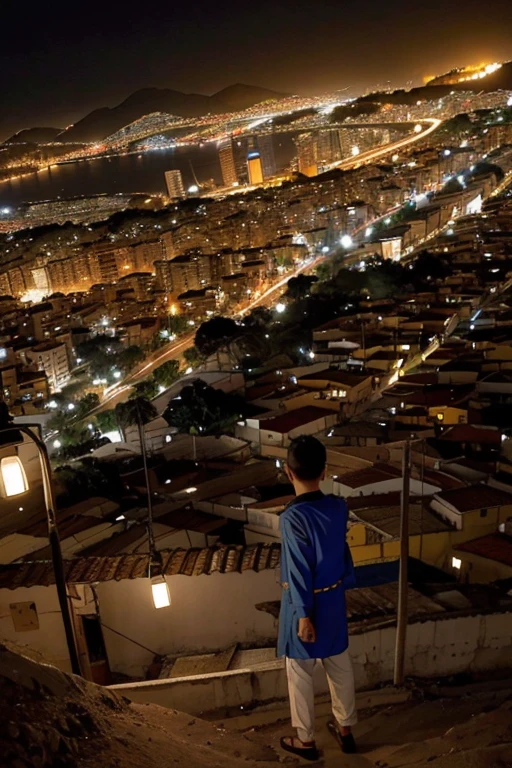 Melhor qualidade, obra de arte, foto, 4K, fotorealistic, altamente detalhado,
1 jovem rico de costas vestindo roupa social, Cidade ao fundo, Sozinho, cidade de favelas, a noite, light bulbs on, by Akira Toriyama.
