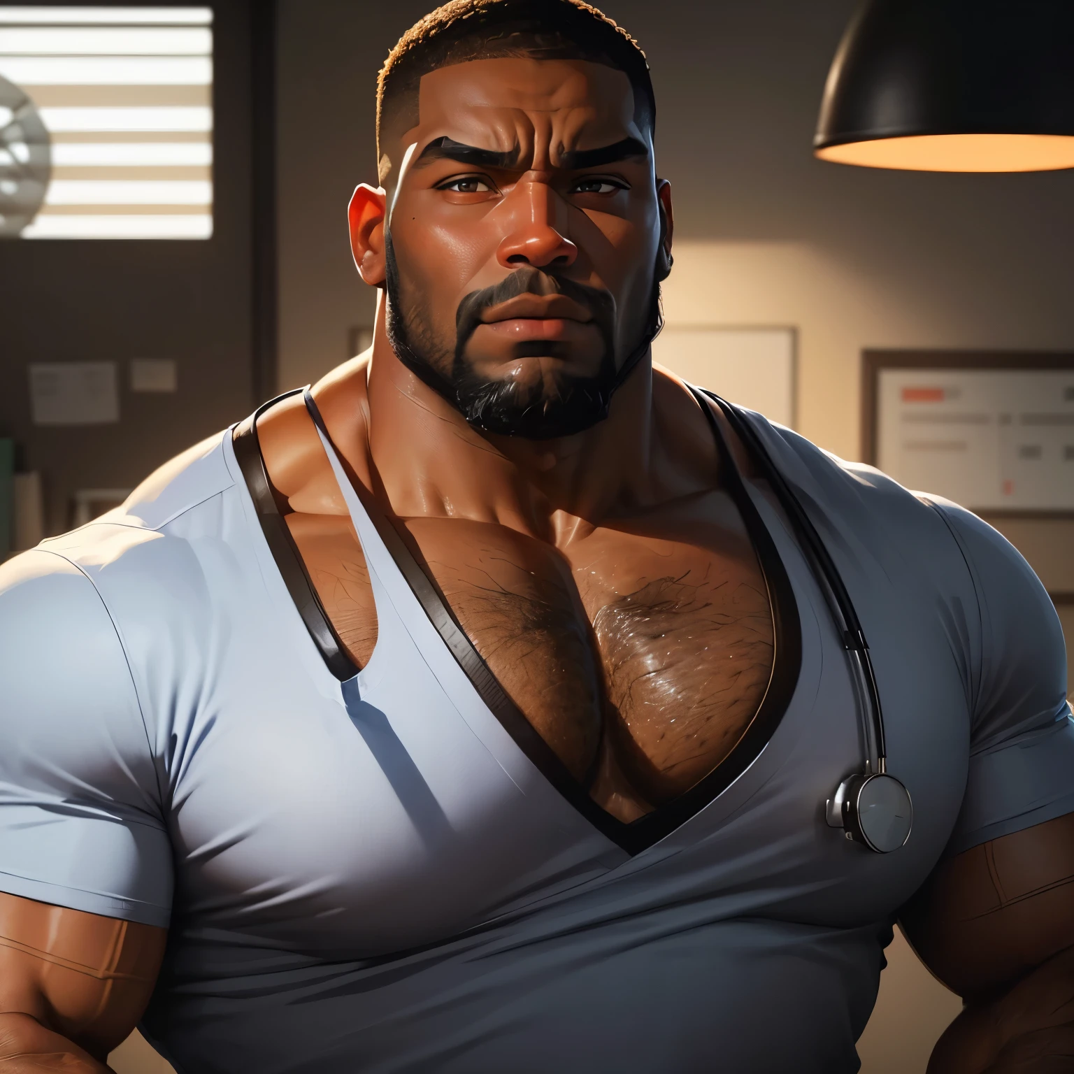 an exaggeratedly muscular and large bodyguard, beefy build, beard, dark-skinned african american male, worried surprised expression, buzzcut hair with square line, (wearing dark black nurse scrubs: 1.2), (bara pecs: 1.3), (arm and chest hair: 1.1), close-up portrait HD, (doctor's office)