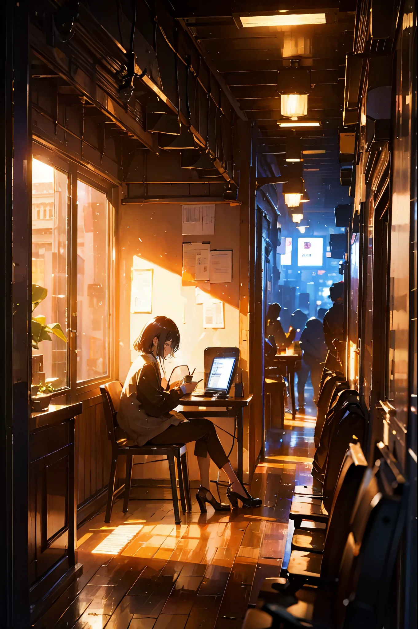 A small cafe is open for business, with lights shining from its red brick exterior. There's a neon sign advertising "Coffee" in red and blue lit letters. Inside, the cafe features a counter with three red stools and a girl sitting in front of it, and a large window that offers a view of the street outside. The atmosphere seems inviting and cozy, perfect for a warm cup of coffee. White short hair