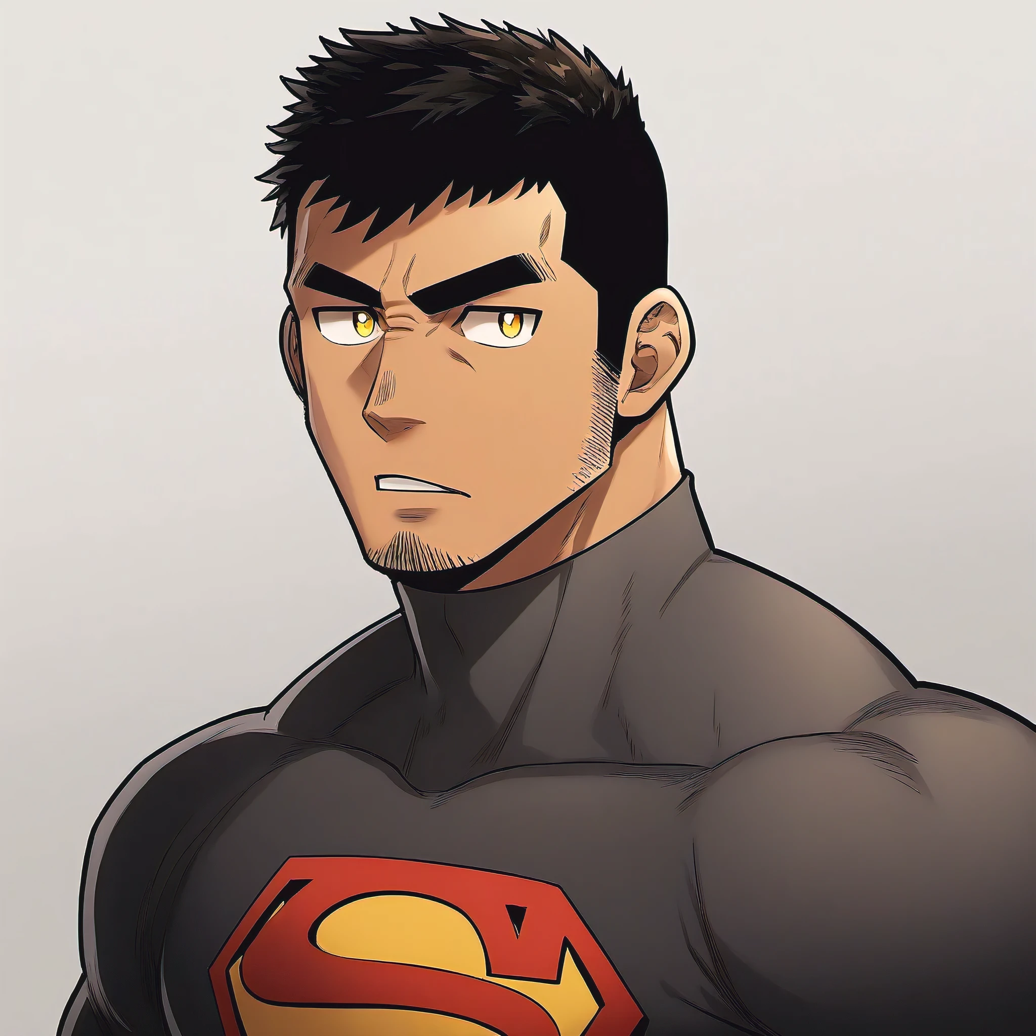 anime characters:Handsome uncle, 30 year old muscular uncle, male focus, Coffee-colored skin, Dark grey turtleneck tight T-shirt, superman logo, muscular male, muscular, bara, Upper body, Buzz Cut, alone, Black short hair, stubble, yellow eyes, White background, Simple background, amazing quality, best aesthetics, ridiculous, bright pupils, short hair, open lips, v-shaped eyebrows, jitome, best quality
