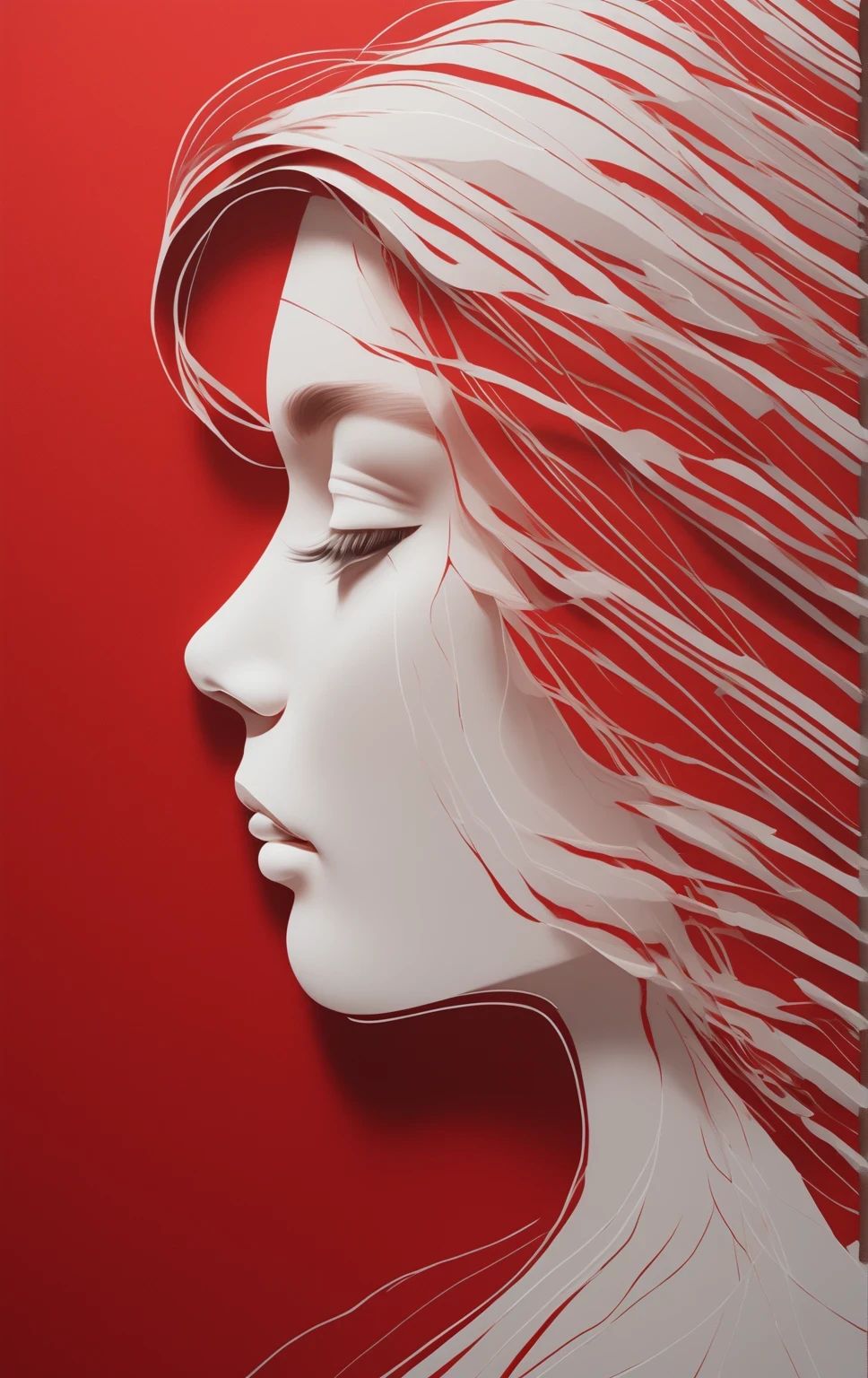 Illustrate an elegant stunning beautiful woman's face in profile using sleek white lines on a Red canvas