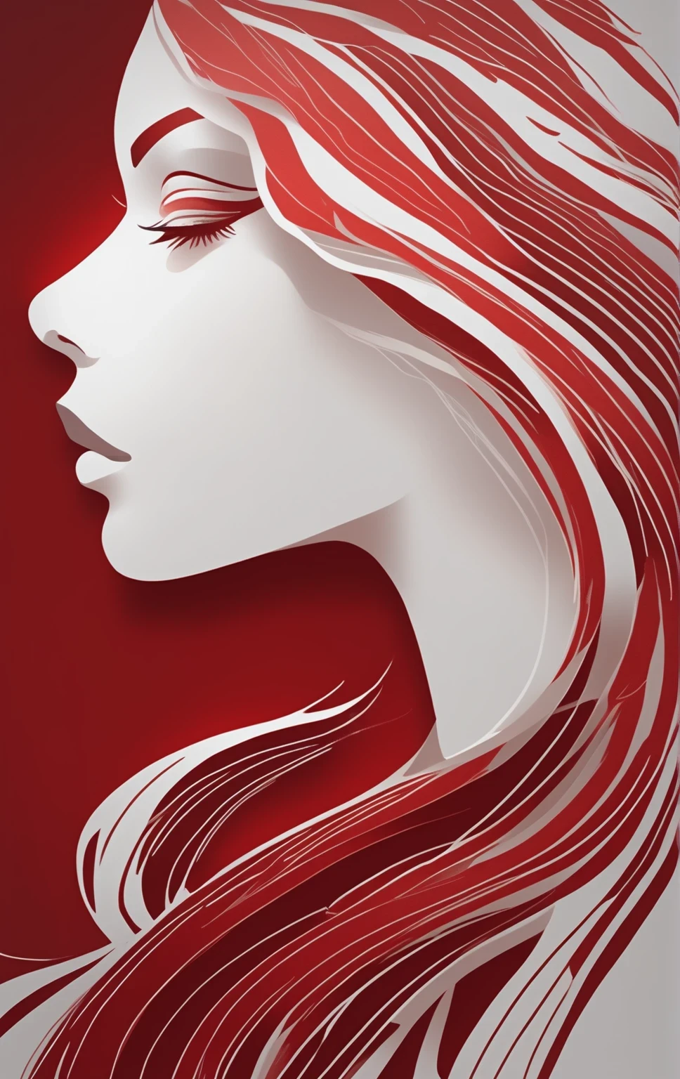 Illustrate an elegant stunning beautiful woman's face in profile using sleek white lines on a Red canvas