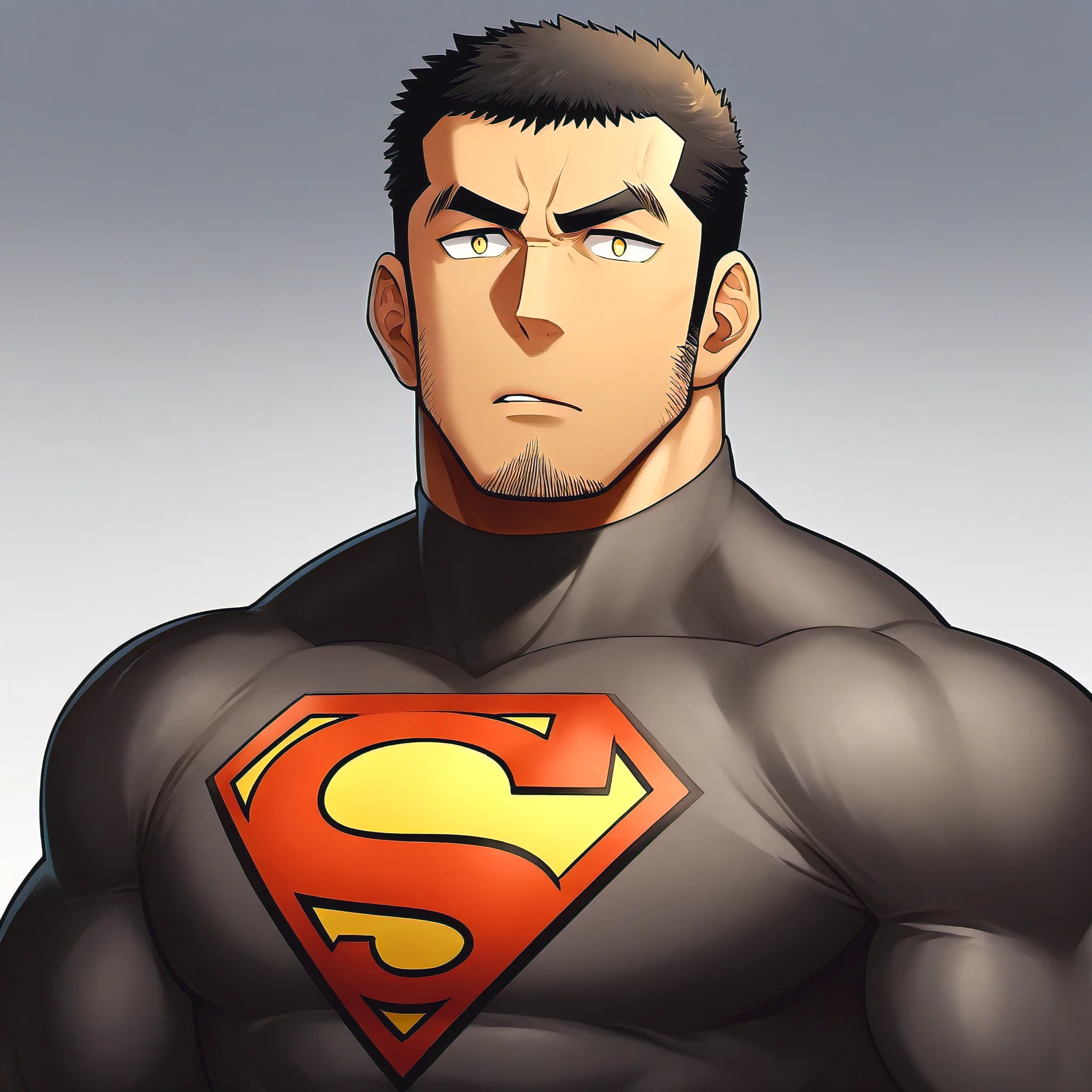 anime characters:Handsome uncle, 30 year old muscular uncle, male focus, Coffee-colored skin, Dark grey turtleneck tight T-shirt, superman logo, muscular male, muscular, bara, Upper body, Buzz Cut, alone, Black short hair, stubble, yellow eyes, White background, Simple background, amazing quality, best aesthetics, ridiculous, bright pupils, short hair, open lips, v-shaped eyebrows, jitome, best quality