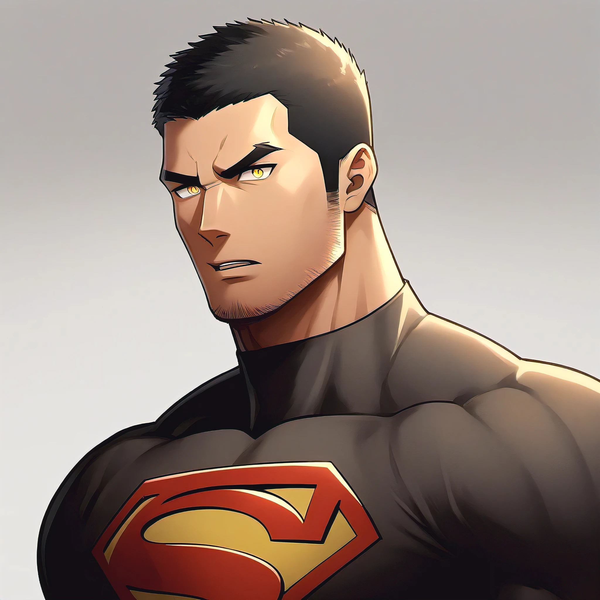 anime characters:Handsome uncle, 30 year old muscular uncle, male focus, Coffee-colored skin, Dark grey turtleneck tight T-shirt, superman logo, muscular male, muscular, bara, Upper body, Buzz Cut, alone, Black short hair, stubble, yellow eyes, White background, Simple background, amazing quality, best aesthetics, ridiculous, bright pupils, short hair, open lips, v-shaped eyebrows, jitome, best quality