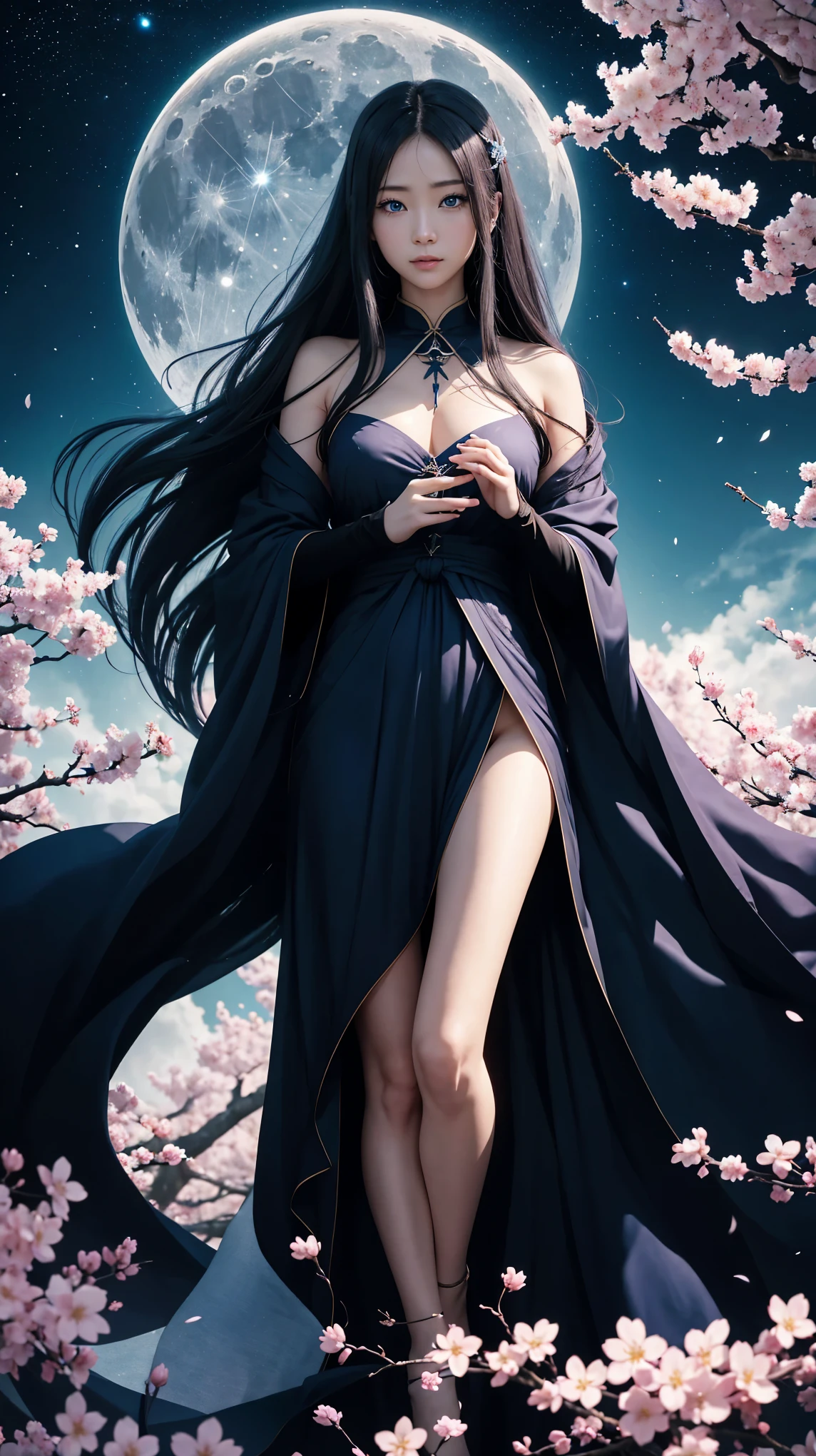 8K、Super high quality、anime、(A very beautiful female character with perfect eyes and nose)、((Beautiful clear blue eyes))、Beautiful long hair、(((full body depiction)))、(I'm doing rune fortune telling)、mysterious space、((six pointed star))、((facing forward))、(((I'm looking here)))、A beautiful full moon can be seen in the night sky、Surround her with a beautiful cherry blossom blizzard and colorful forest、((praying))、