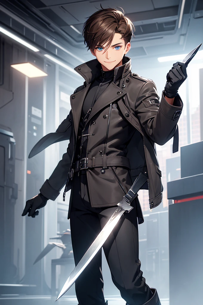 1man, brown hair, short hair, fade, fringe, blue eyes, (black gloves + gray jacket), boots, black pants, knife, full body shot, smiling expression, Solo, High quality, detail hands