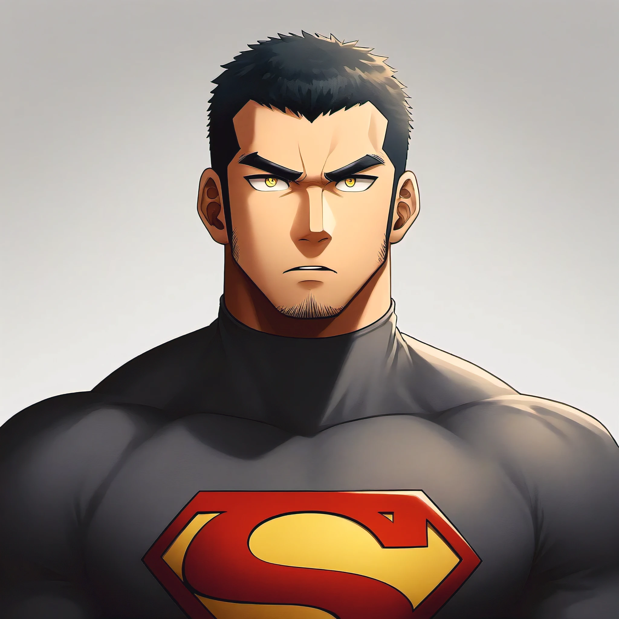 anime characters：Handsome uncle, 30 year old muscular uncle, male focus, Coffee-colored skin,  Dark grey turtleneck tight T-shirt, superman logo, muscular male, muscular, bara, Upper body, Buzz Cut, alone, Black short hair, stubble, yellow eyes, White background, Simple background, amazing quality, best aesthetics, ridiculous, bright pupils, short hair, open lips, v-shaped eyebrows, jitome, best quality