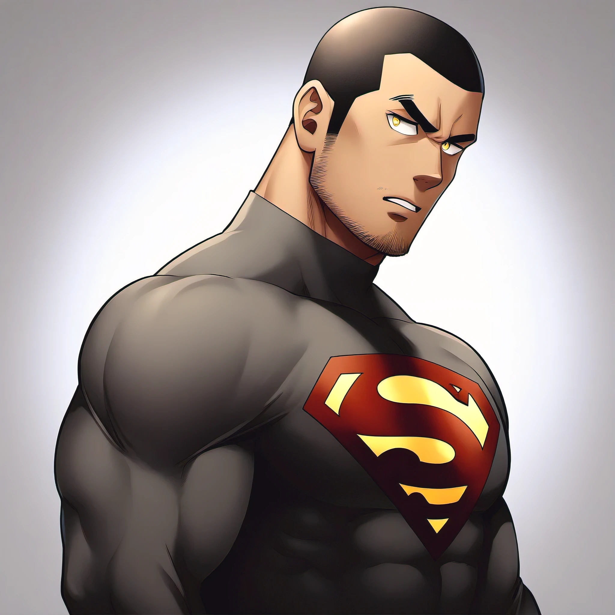 anime characters:Handsome uncle, 30 year old muscular uncle, male focus, Coffee-colored skin, Dark grey turtleneck tight T-shirt, superman logo, muscular male, muscular, bara, Upper body, Buzz Cut, alone, Black short hair, stubble, yellow eyes, White background, Simple background, amazing quality, best aesthetics, ridiculous, bright pupils, short hair, open lips, v-shaped eyebrows, jitome, best quality