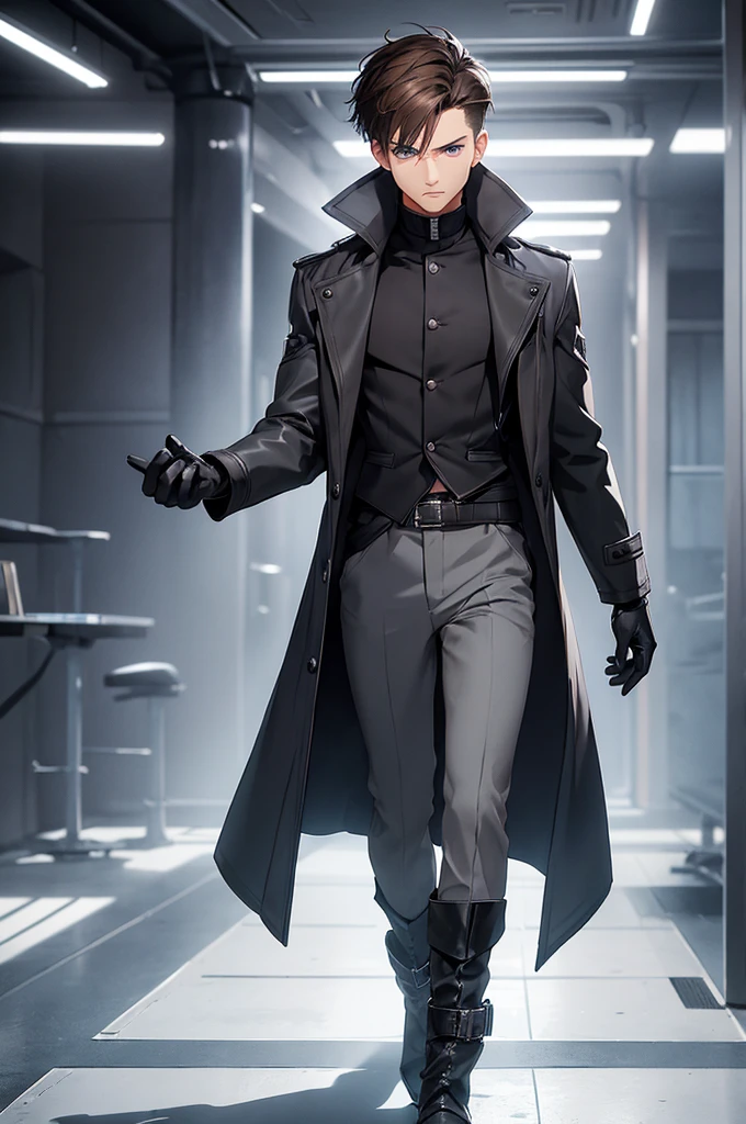 1man, brown hair, short hair, fade, fringe, blue eyes, (black gloves + light gray jacket), boots, black trousers, full body shot, emotionless expression, Solo, High quality, detail hands
