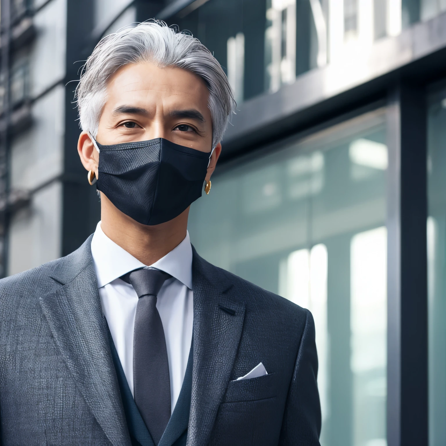 male、mask、gray hair、suit、earrings、