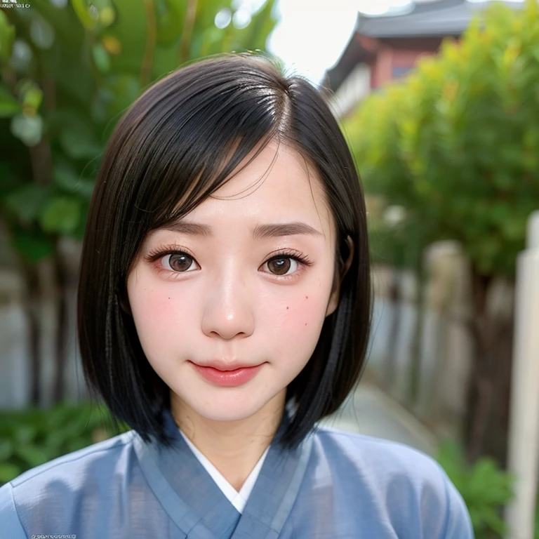 (kawaii 24 year-old Japanese girl, Nogizaka idol, Korean idol), (glossy black hair, medium bob cut:1.3), (extra rounded face, forehead, single eyelid, no makeup, soft smiling:1.2), (well shaped whitened teeth:0.7), (wearing light blue Hanbok, Korean traditional cloth:1.3), well shaped extra small breasts, (looking at viewer:1.2), BREAK, (simple outdoor background:1.3), (portrait, id photo, close shot, view from straight forward:1.3), BREAK, (masterpiece, best quality, photo realistic, official art:1.4), (UHD, 8K quality wallpaper, high resolution, raw photo, film grain:1.2), (shiny skin), professional lighting, physically based rendering, award winning, (perfect anatomy, highly detailed skin, extremely detailed face and eyes, well drawn glittering pupils), Carl Zeiss 85 mm F/1.4, depth of field, 1girl, solo,