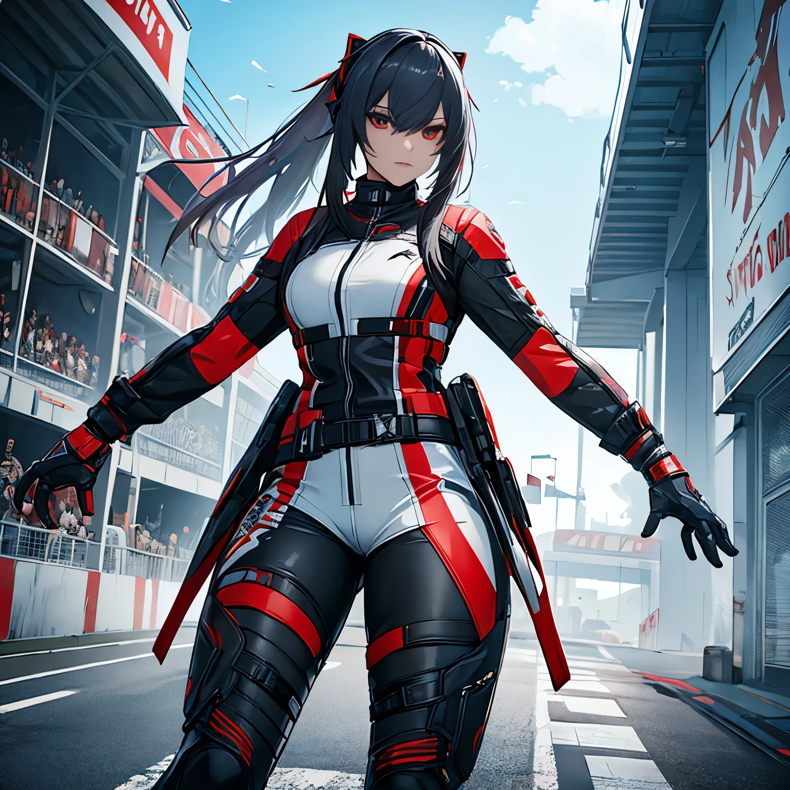 Game Punisher Gray Raven Female Character, ((Lucia Crimson Weave)), at Motorcycle Circuit