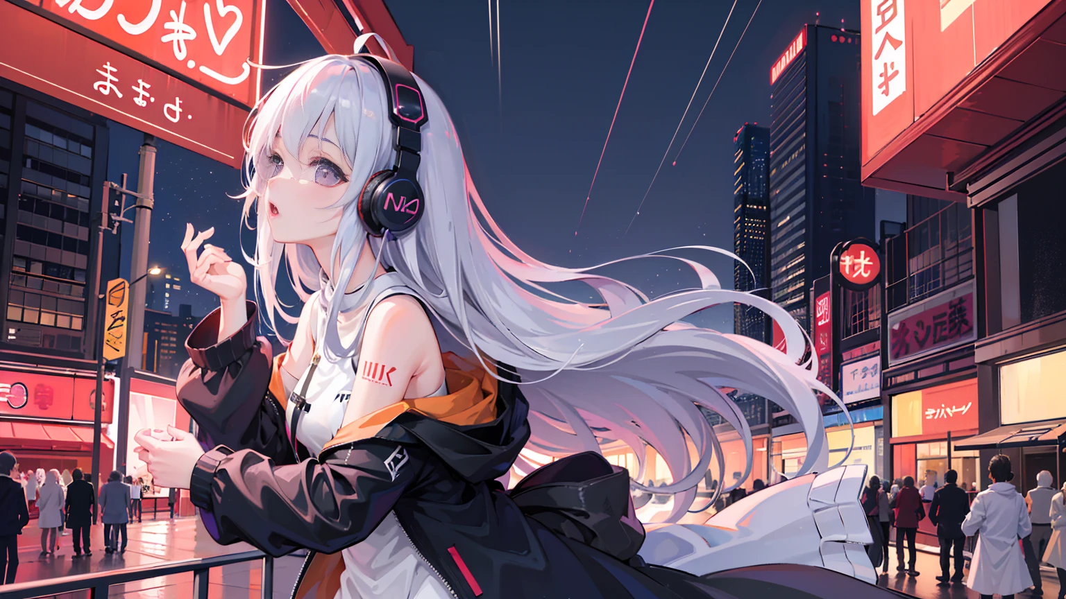 (masterpiece), (highest quality:1.4), (ultra high resolution:1.2), super detailed background, (unity 8k wallpaper),Shibuya Ward、city pop、(headphones:1.2)、masterpiece, (anime girl alone:1.3), incredibly absurd, hoodie,pedestrian crossing, outdoor, rain, Tokyo, neon light.high school girl、profile、whole body、
