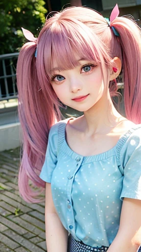 The arrival of autumn、big chest、(small face)、 (alone:1.5,)Super detailed,明るいcolor, very beautiful detailed anime face and eyes, look straight, shiny_skin,girl, (((虹colorの髪, colorful hair, Half blue、half pink hair: 1.2))), 、forehead is exposed.、green eyes、shiny hair, delicate beautiful face, blush、Glasses、(turquoise eyes), White skin, Valletta, mature earrings、lake shore、Taking a walk、Maple leaves are waiting、blue sky、((short sleeve、Cute blouse with polka dots、short sleeveの服、Red checked miniskirt,)))、twin tails、smile、happy face、face dyed red、color々pose、Full body portrait from head to toe、I'm embarrassed