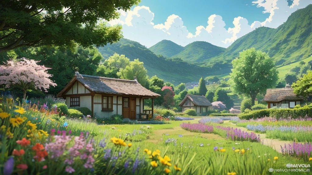 Anime landscape of a house in a field with flowers and a path, Concept art by Mr. Miyazaki, There's a little hut in the middle of a green valley, lush countryside