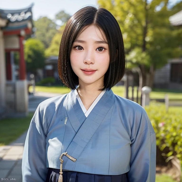 (kawaii 24 year-old Japanese girl, Nogizaka idol, Korean idol), (glossy black hair, medium bob cut:1.3), (extra rounded face, forehead, single eyelid, no makeup, soft smiling:1.2), (well shaped whitened teeth:0.7), (wearing light blue Hanbok, Korean traditional cloth:1.3), well shaped extra small breasts, (looking at viewer:1.2), BREAK, (simple outdoor background:1.3), (portrait, id photo, close shot, view from straight forward:1.3), BREAK, (masterpiece, best quality, photo realistic, official art:1.4), (UHD, 8K quality wallpaper, high resolution, raw photo, film grain:1.2), (shiny skin), professional lighting, physically based rendering, award winning, (perfect anatomy, highly detailed skin, extremely detailed face and eyes, well drawn glittering pupils), Carl Zeiss 85 mm F/1.4, depth of field, 1girl, solo,